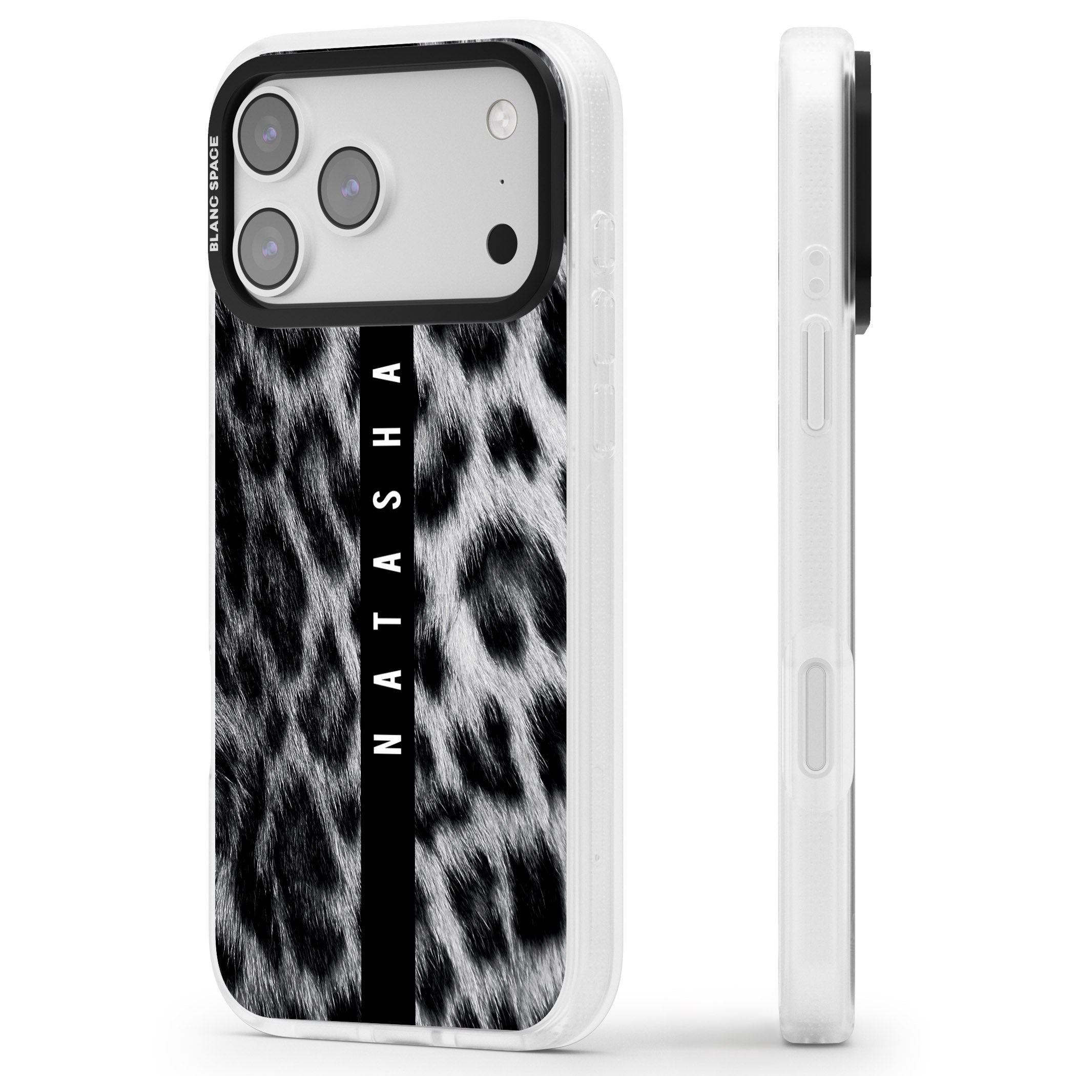 Personalised Snow Leopard Print iPhone 17 Pro Max Impact Air Clear Phone Case Side Profile