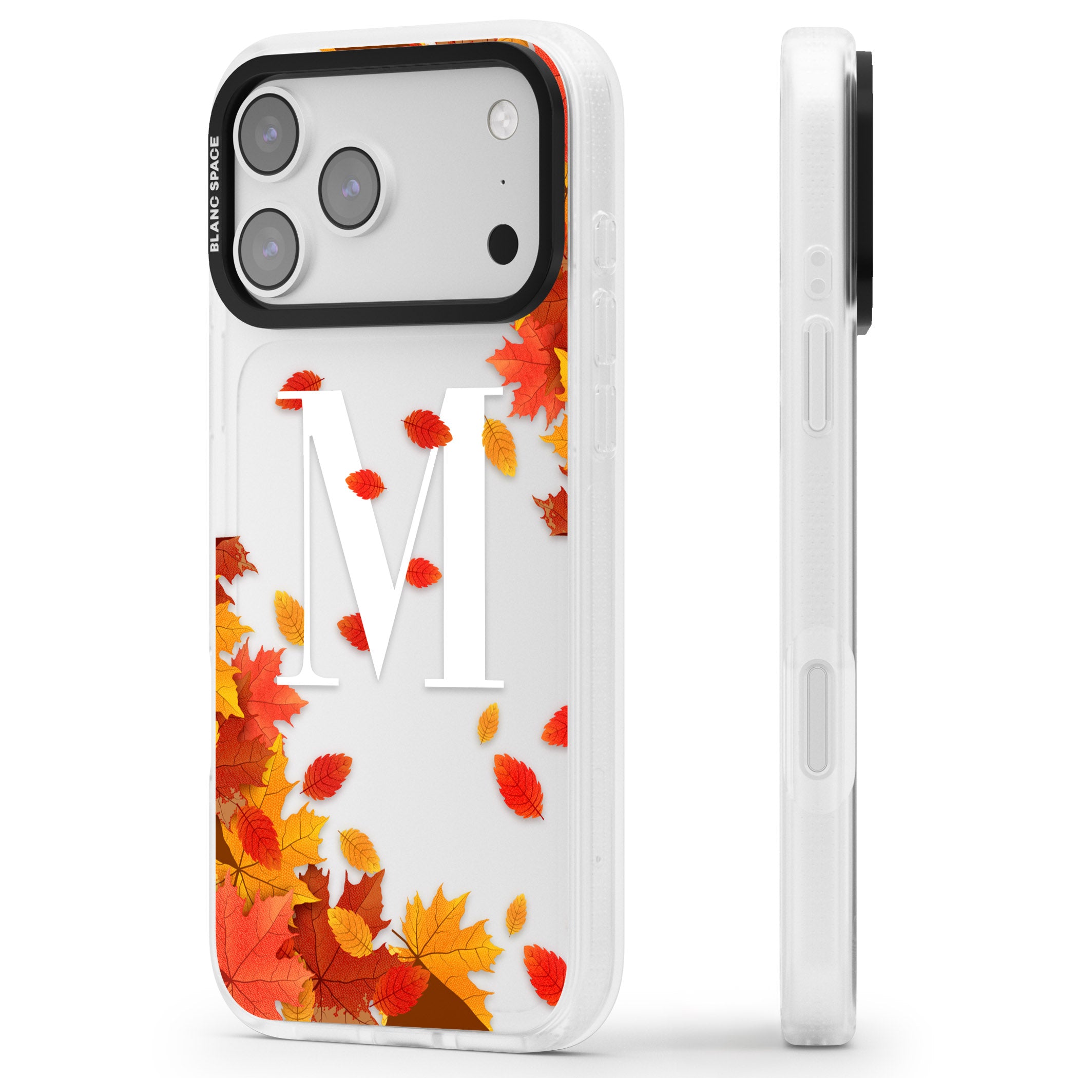 Personalised Autumn Leaves Monogram iPhone 17 Pro Max Impact Air Clear Phone Case Side Profile