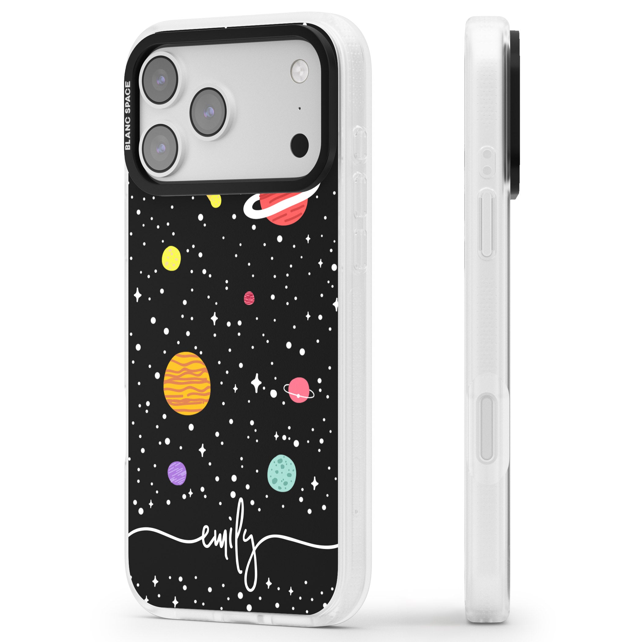 Personalised Cute Cartoon Planet iPhone 17 Pro Impact Air Clear Phone Case Side Profile
