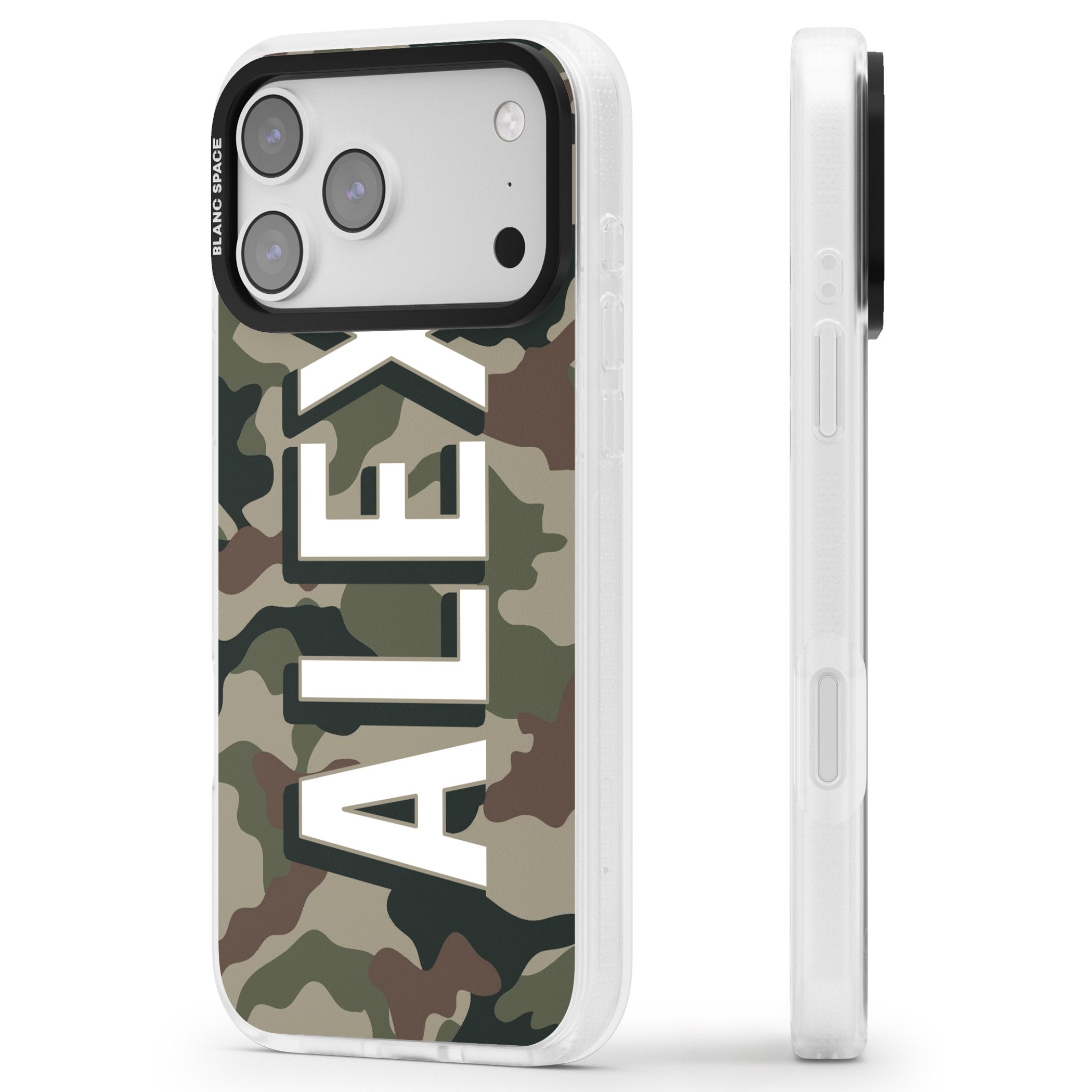 Personalised Classic Green Camo iPhone 17 Pro Impact Air Clear Phone Case Side Profile