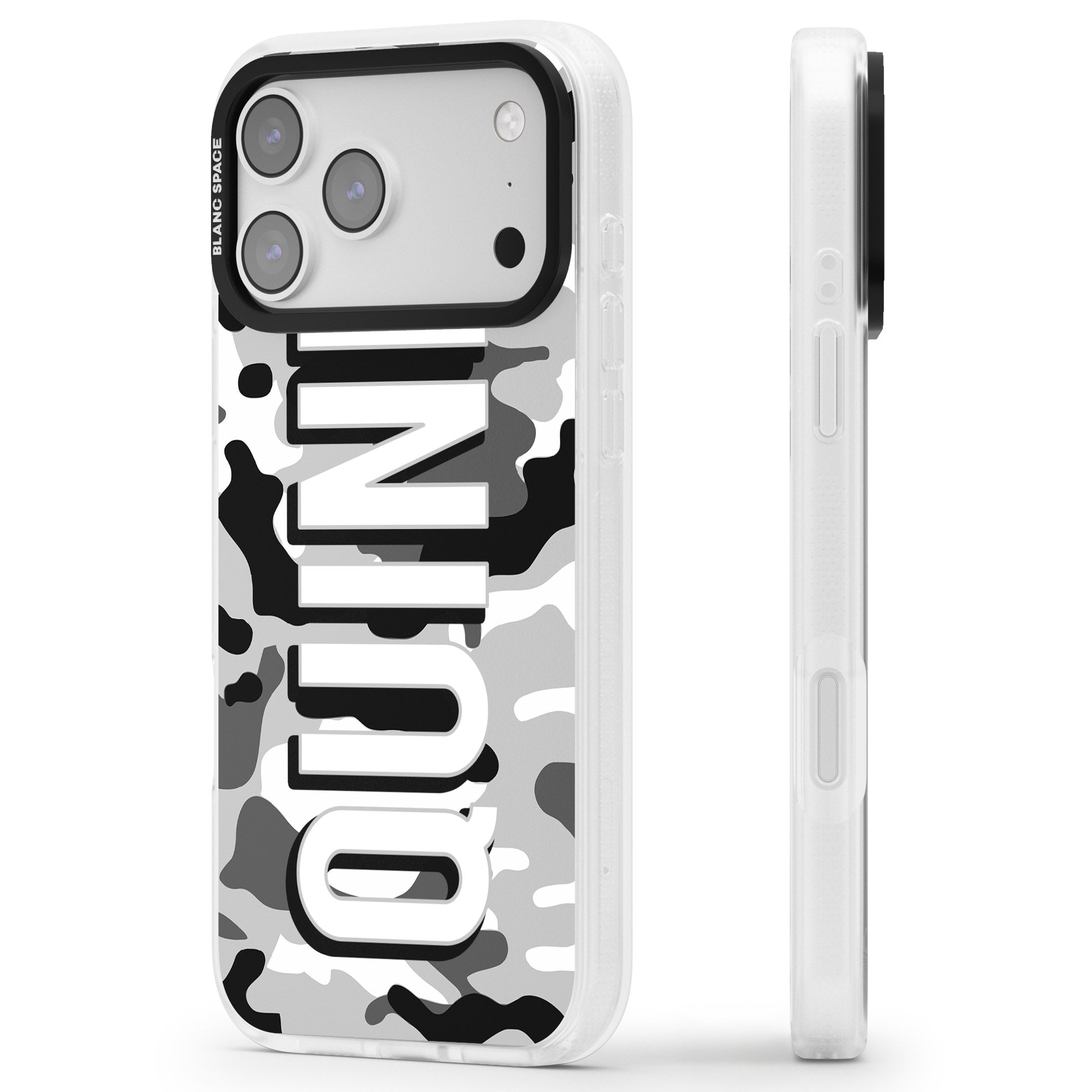 Personalised Greyscale Camo iPhone 17 Pro Impact Air Clear Phone Case Side Profile