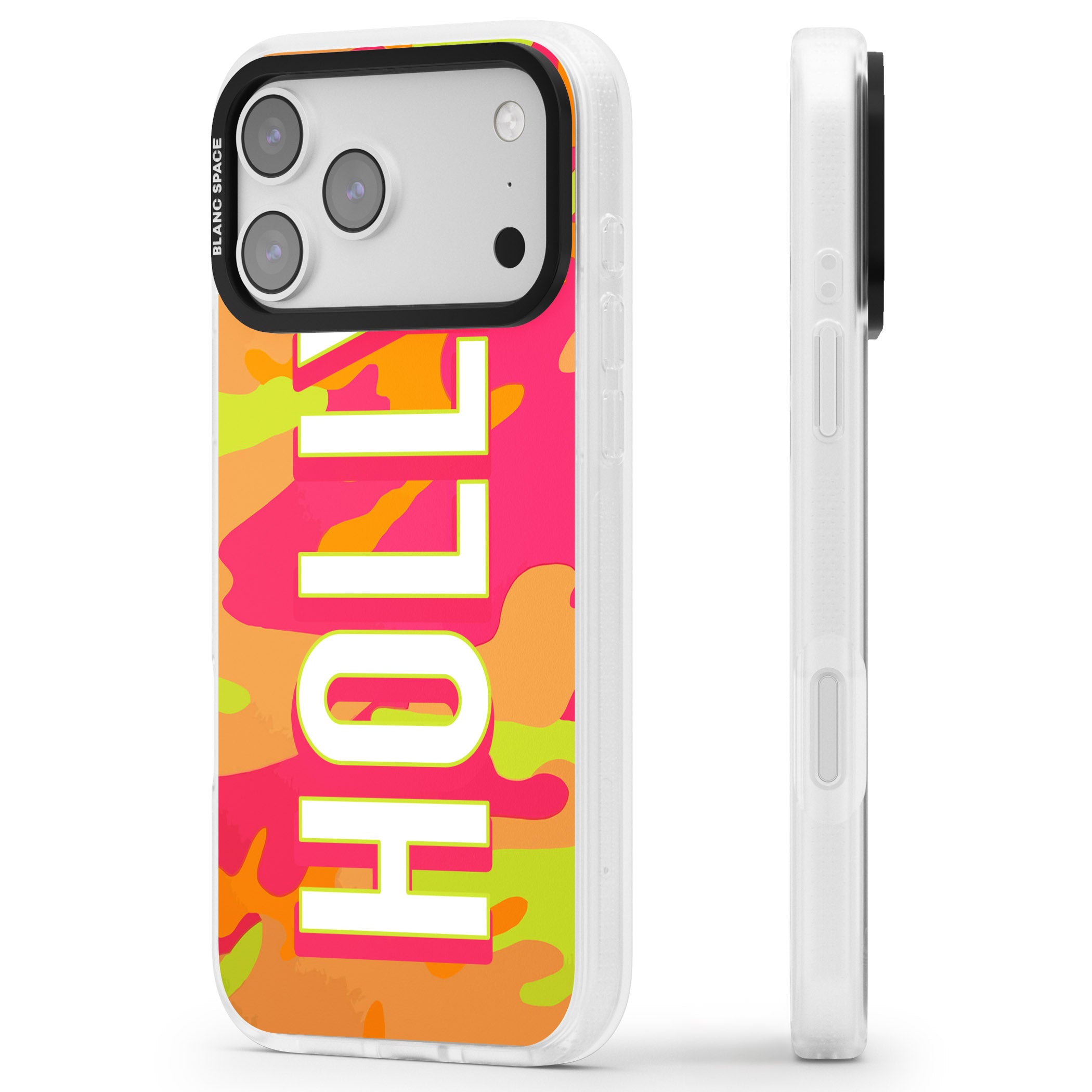 Personalised Bold Neon Camo iPhone 17 Pro Impact Air Clear Phone Case Side Profile