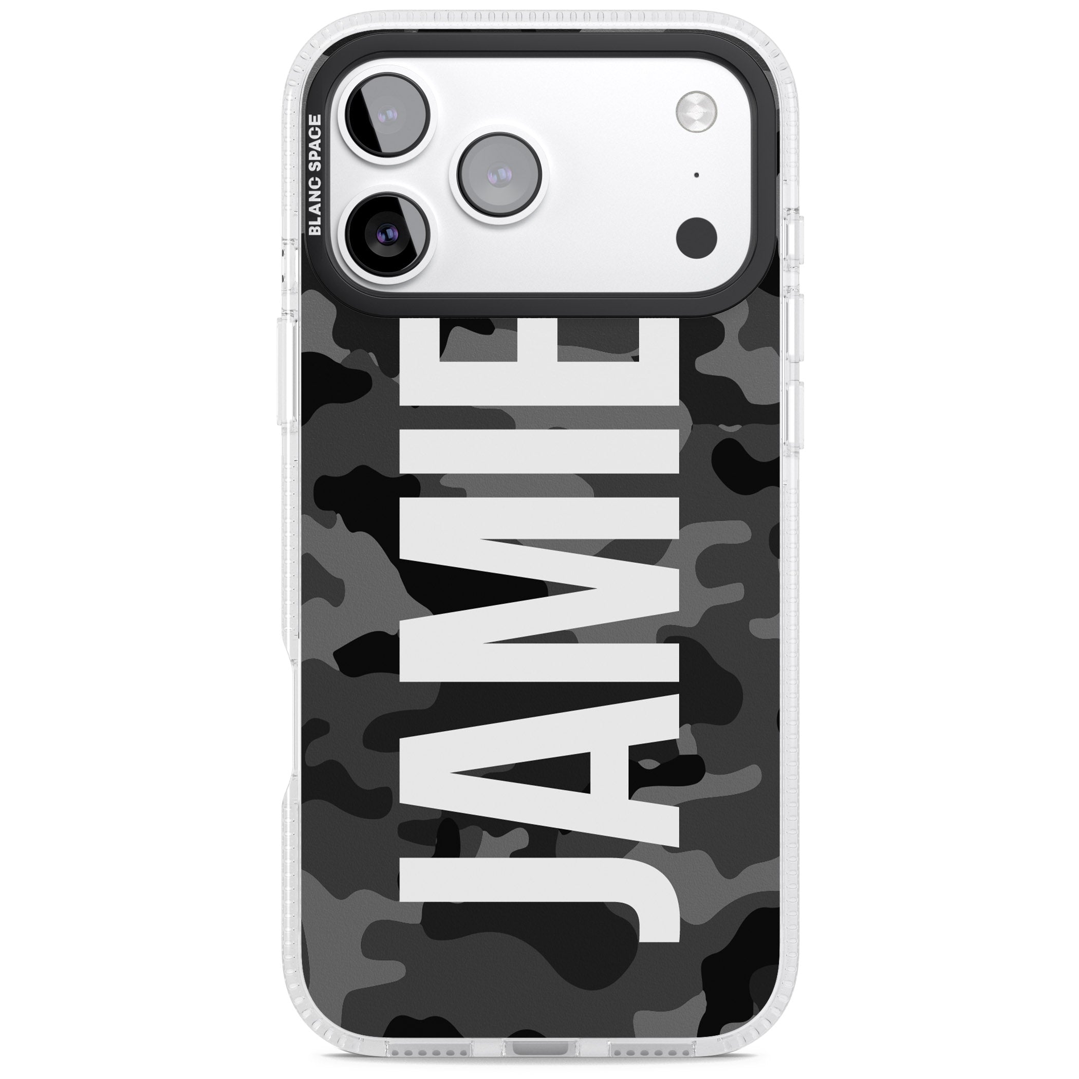 Personalised Black Camo Name Vertical iPhone 17 Pro Max Impact Air Clear Phone Case