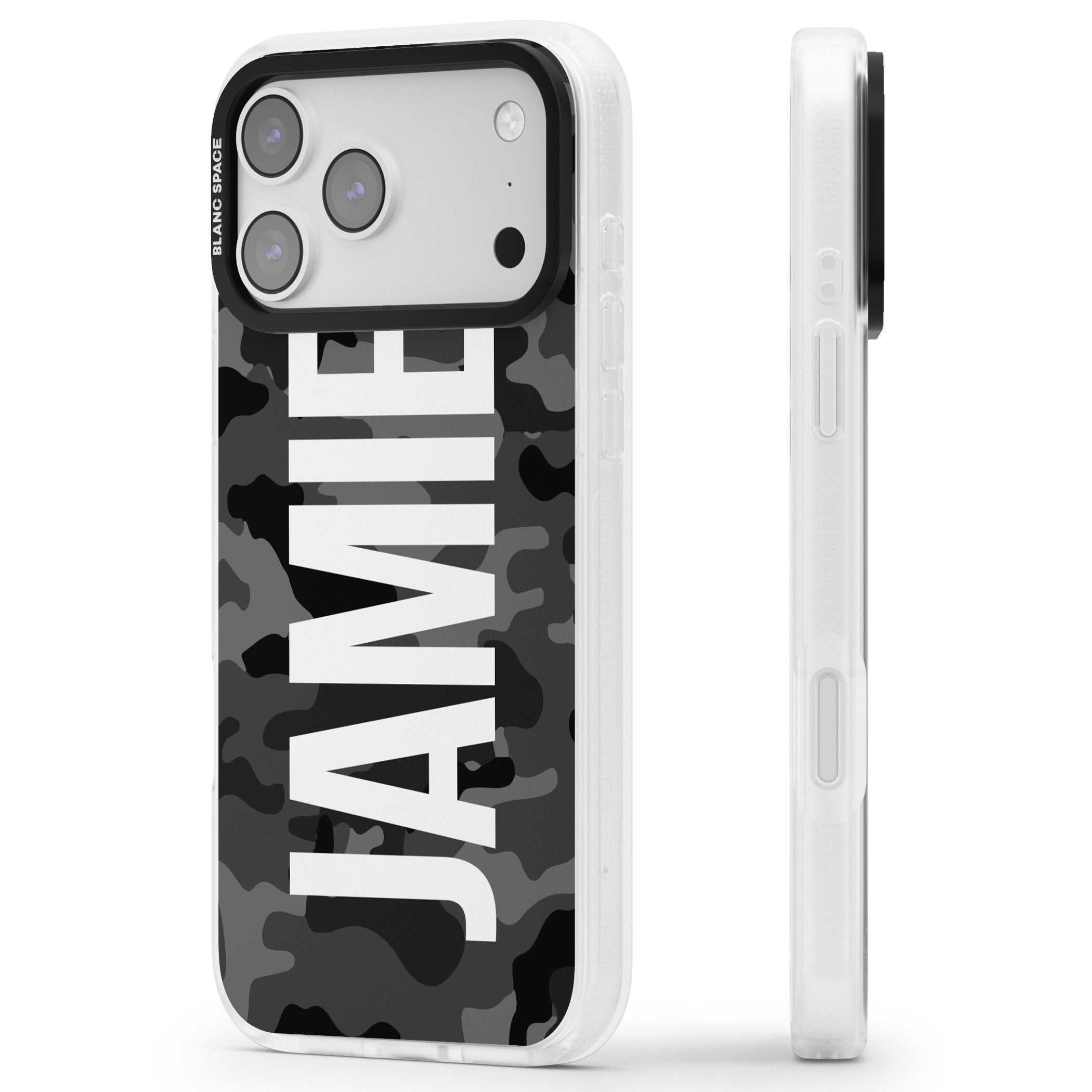 Personalised Black Camo Name Vertical iPhone 17 Pro Impact Air Clear Phone Case Side Profile