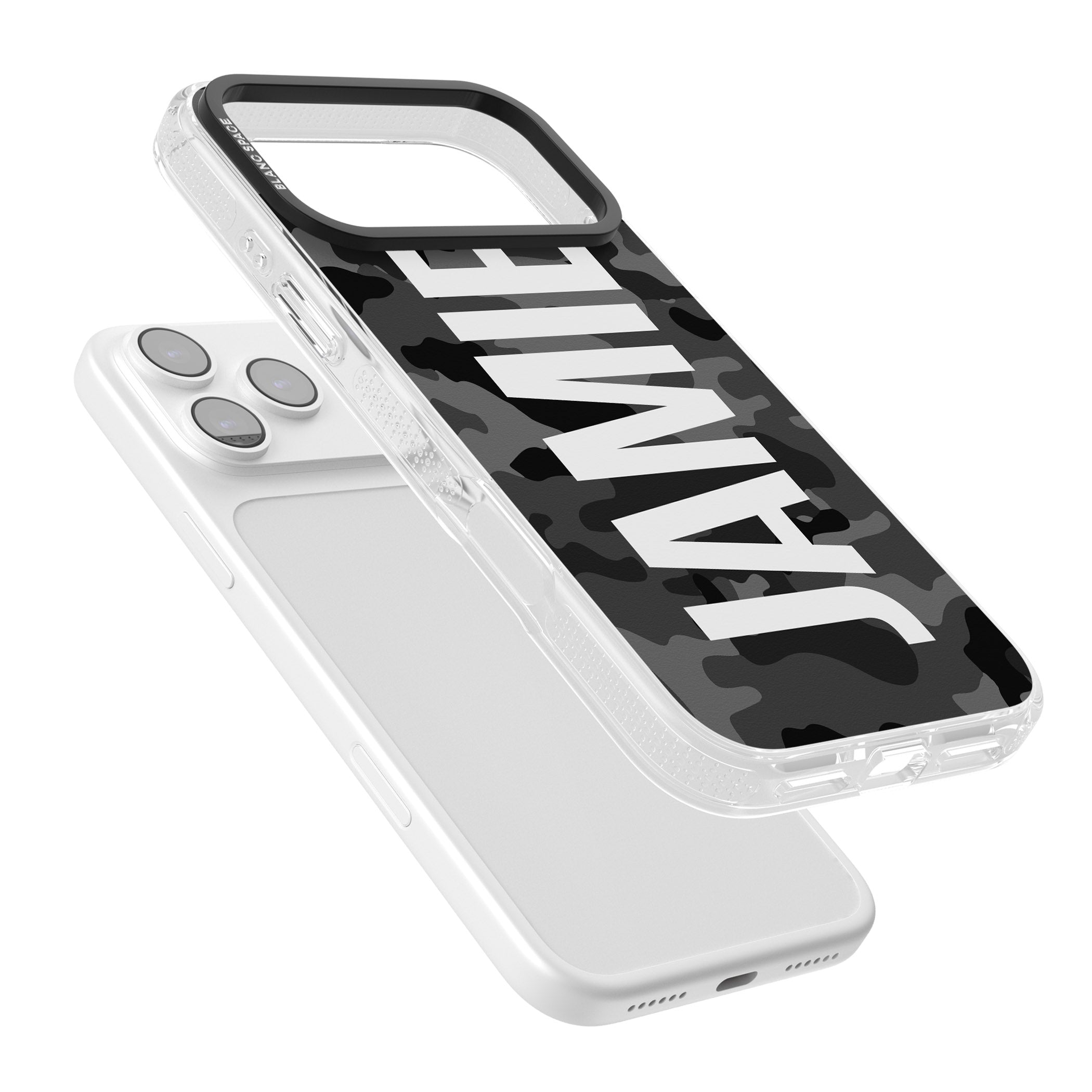 Personalised Black Camo Name Vertical iPhone 17 Pro Impact Air Clear Phone Case Colours