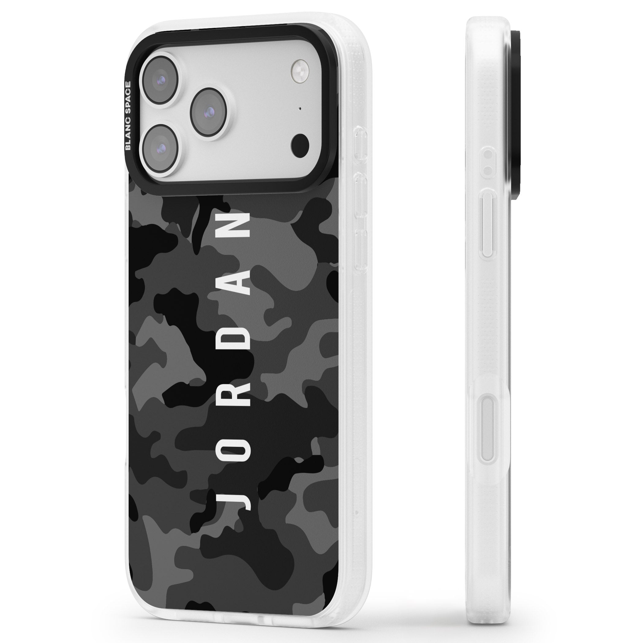 Personalised Black Camouflage Name iPhone 17 Pro Max Impact Air Clear Phone Case Side Profile