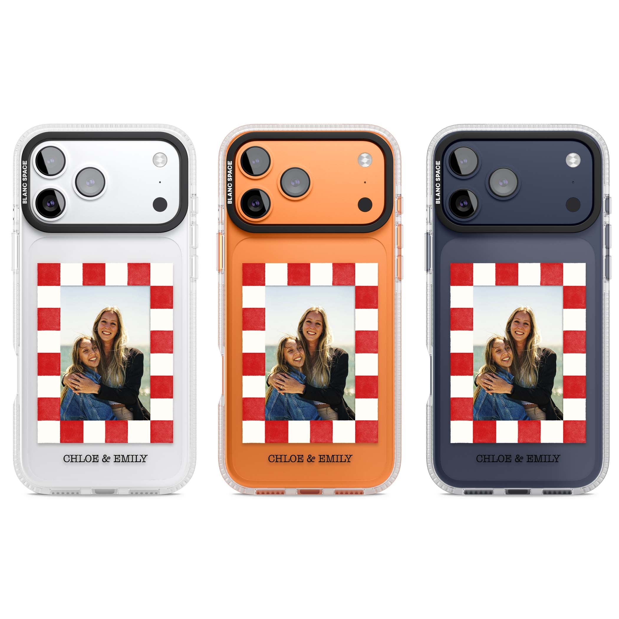 Red Check Photo personalised photo iPhone case with red and white checkered polaroid frame and custom couple name | Clear Case Impact Air case for iPhone 17 Pro, iPhone 17 Pro Max