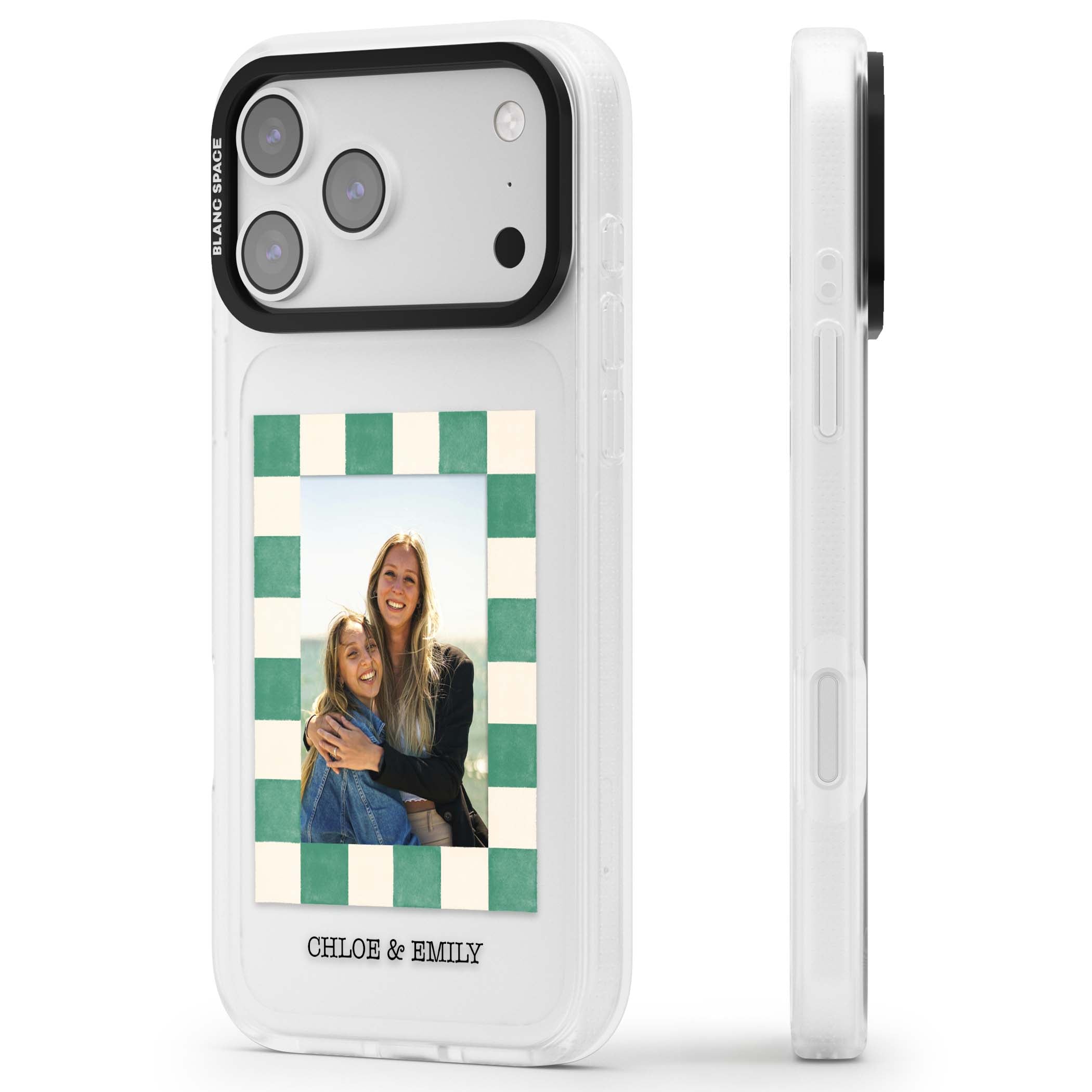 Seafoam Check Photo personalised iPhone case featuring a custom polaroid photo, green and cream checkered frame, and custom n | Clear Case Impact Air case for iPhone 17 Pro, iPhone 17 Pro Max