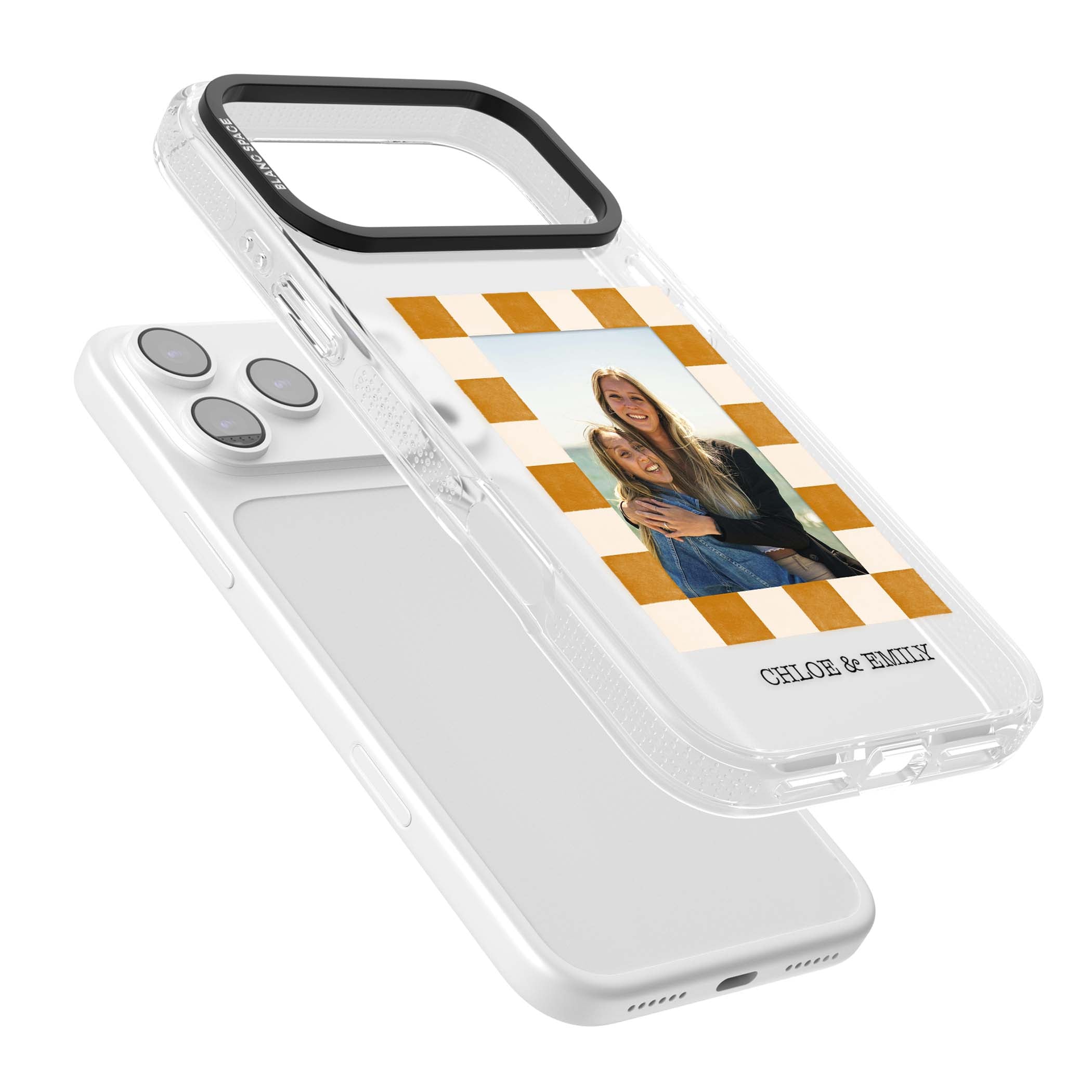 Citrus Check Photo personalised iPhone case with custom photo, orange checkered frame and names underneath | Clear Case Impact Air case for iPhone 17 Pro, iPhone 17 Pro Max