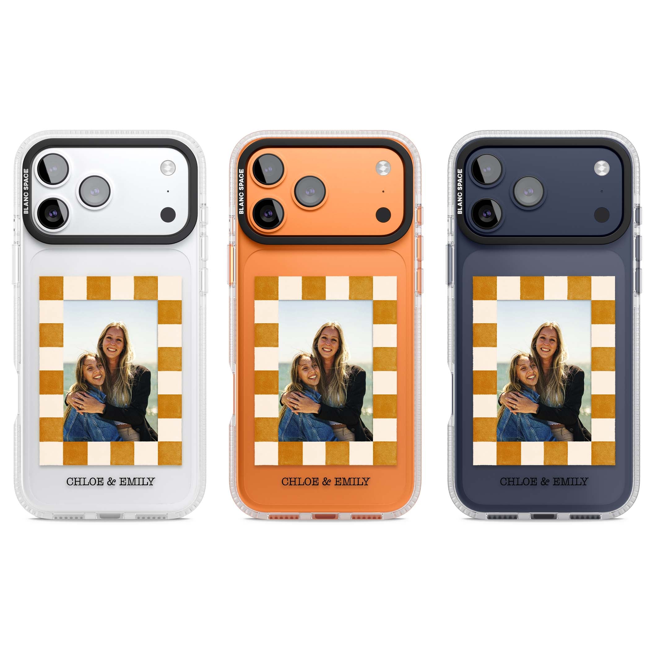 Citrus Check Photo personalised iPhone case with custom photo, orange checkered frame and names underneath | Clear Case Impact Air case for iPhone 17 Pro, iPhone 17 Pro Max