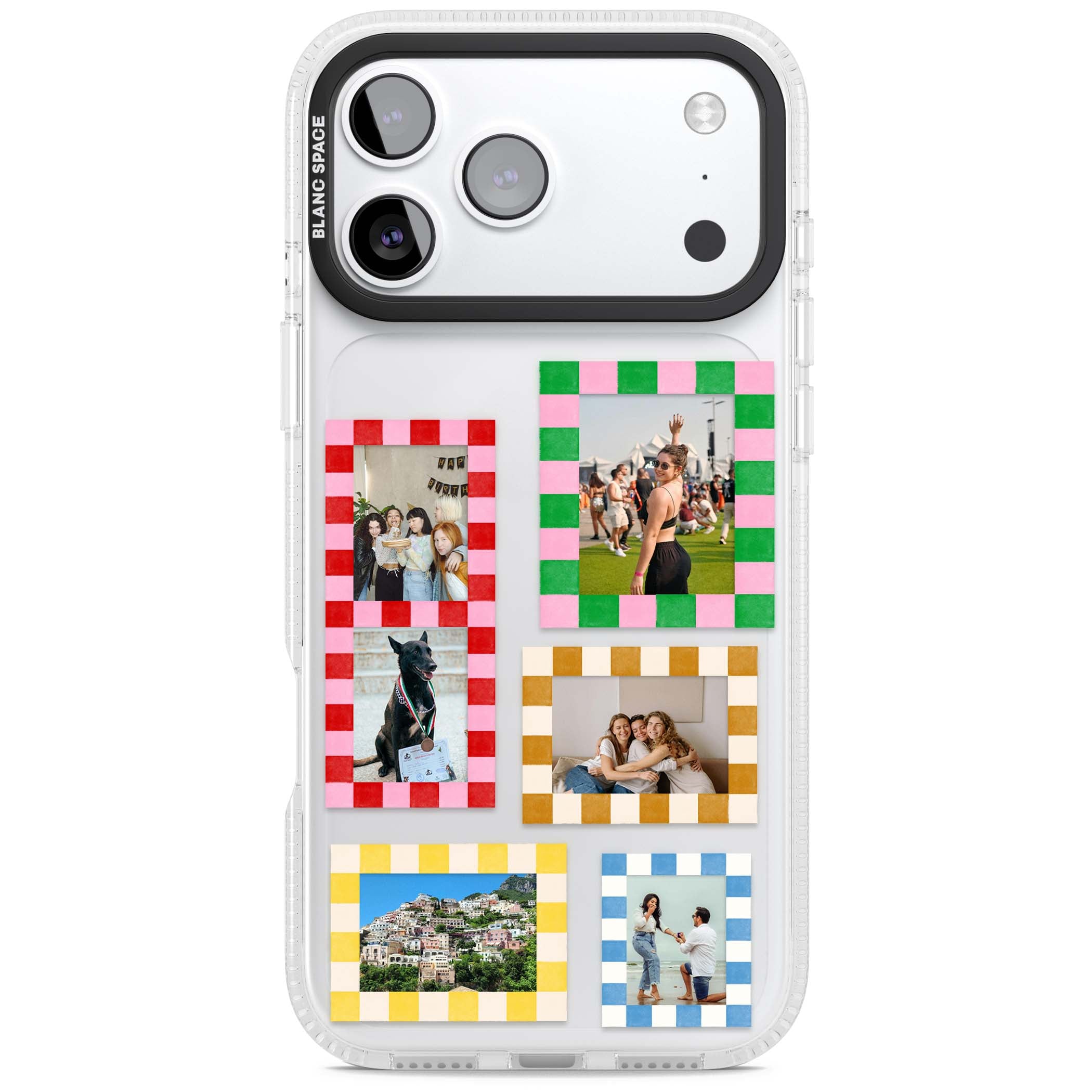 Italian Check Frames custom photo collage iPhone case featuring six checkered photo frames in red, green, pink and | Clear Case Impact Air case for iPhone 17 Pro, iPhone 17 Pro Max
