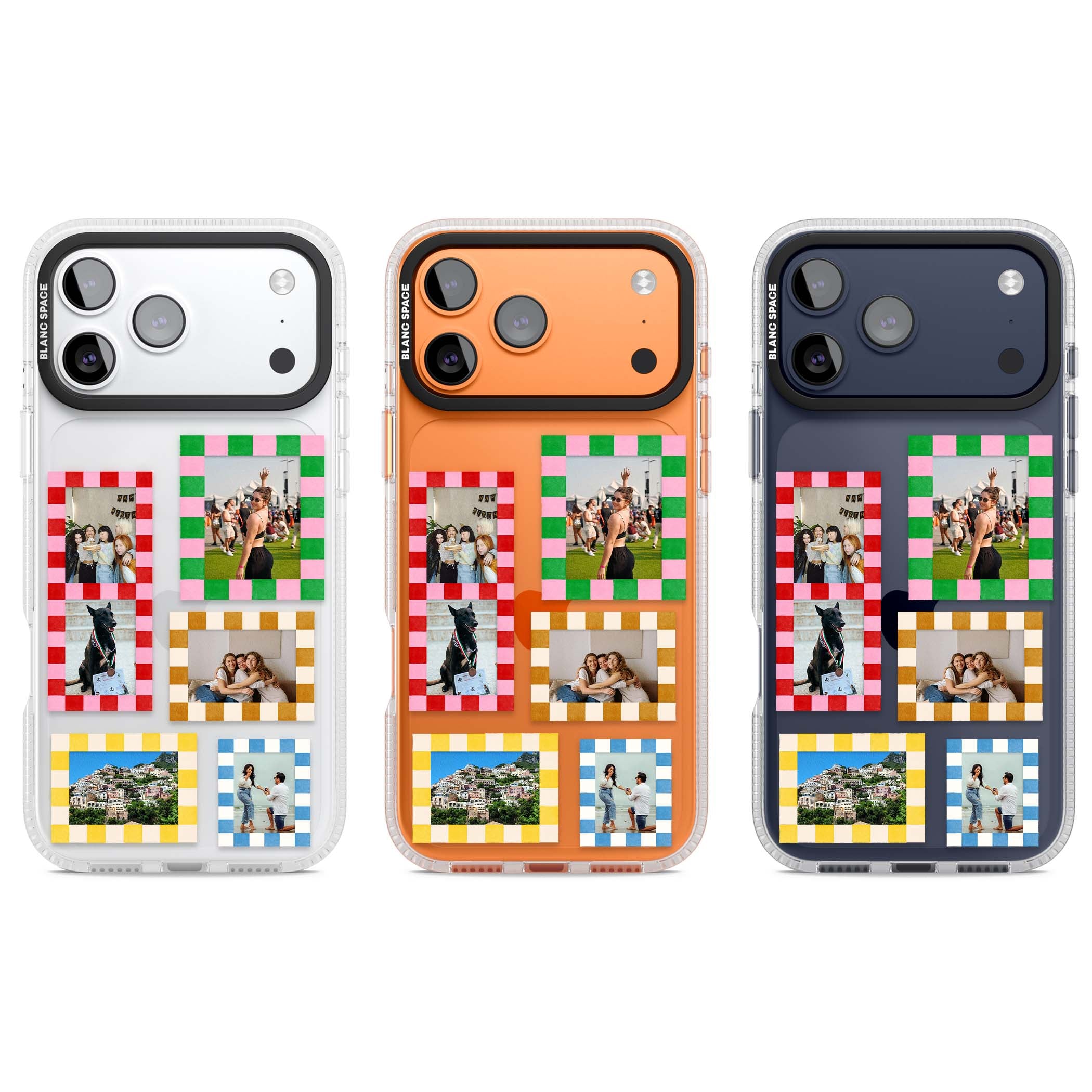 Italian Check Frames custom photo collage iPhone case featuring six checkered photo frames in red, green, pink and | Clear Case Impact Air case for iPhone 17 Pro, iPhone 17 Pro Max