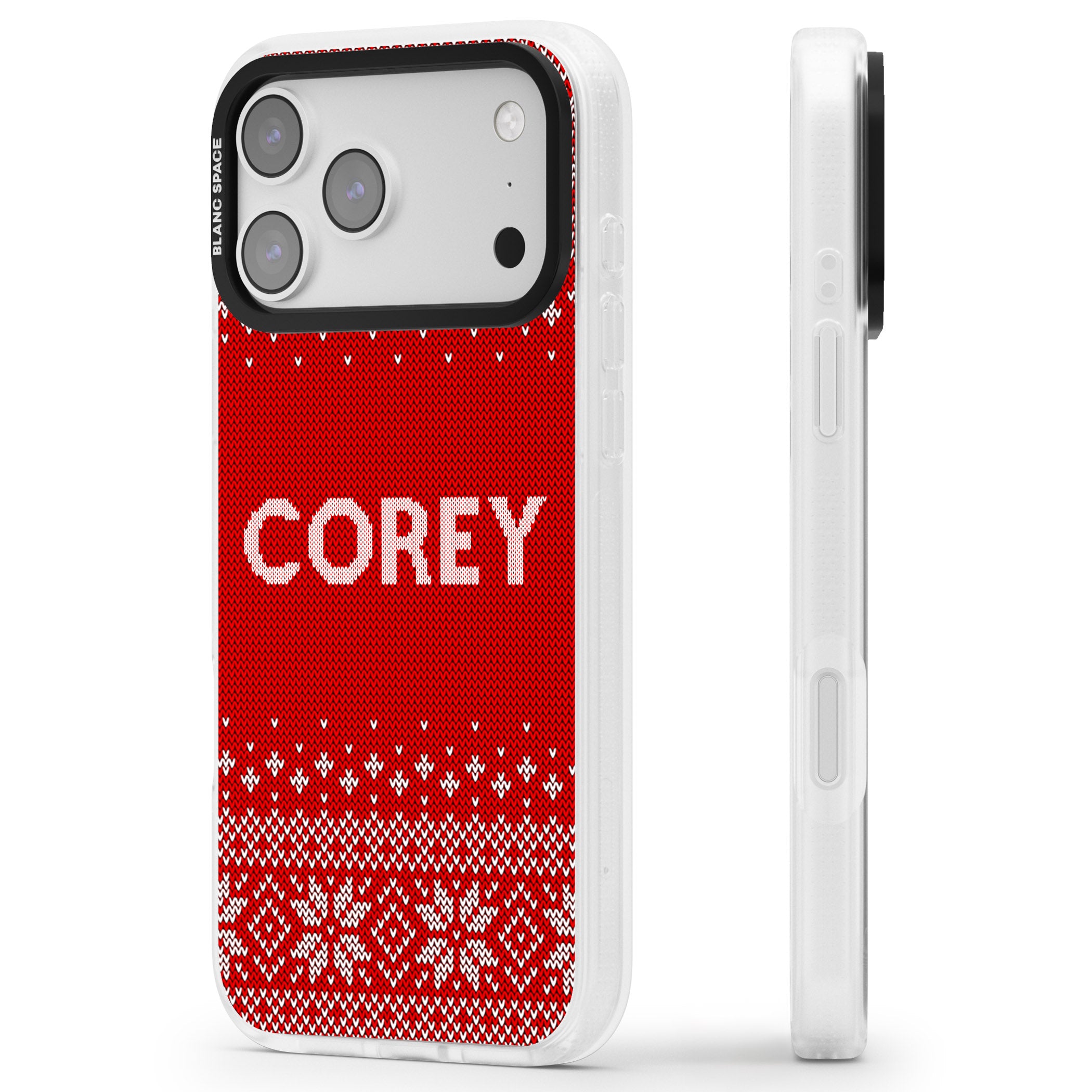Personalised Red Christmas Knit iPhone 17 Pro Max Impact Air Clear Phone Case Side Profile