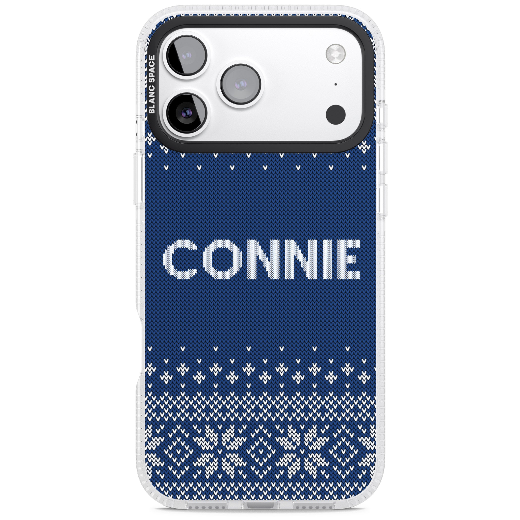 Personalised Blue Knitted Christmas iPhone 17 Pro Max Impact Air Clear Phone Case