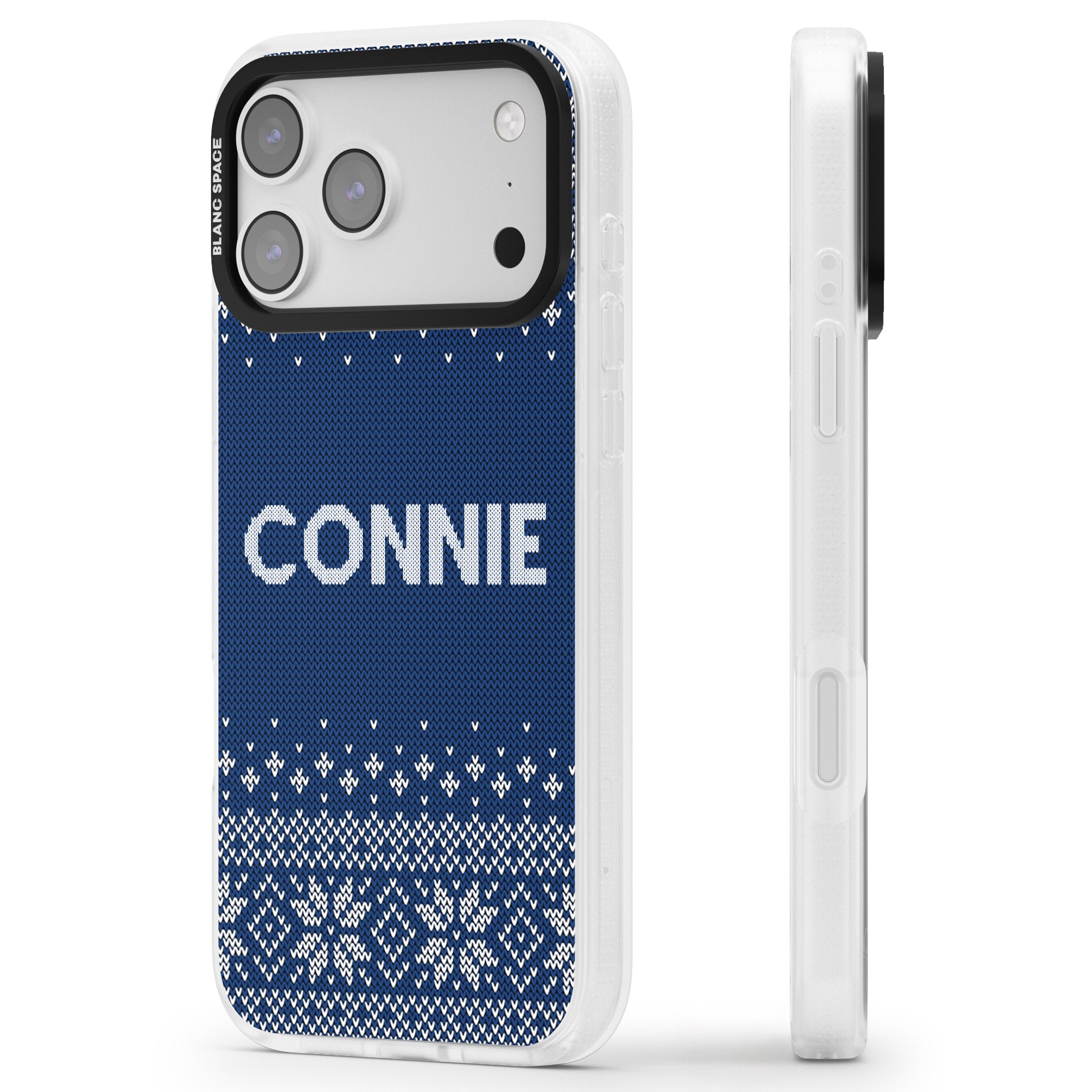 Personalised Blue Knitted Christmas iPhone 17 Pro Impact Air Clear Phone Case Side Profile