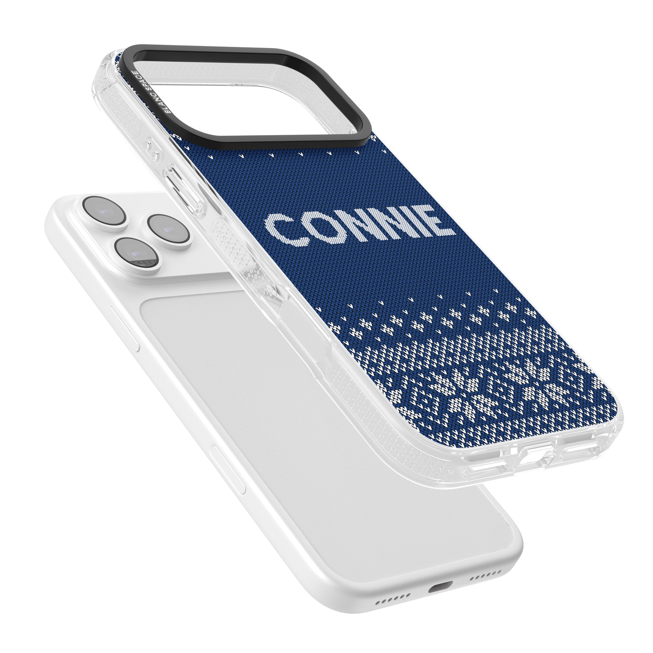 Personalised Blue Knitted Christmas iPhone 17 Pro Max Impact Air Clear Phone Case Colours