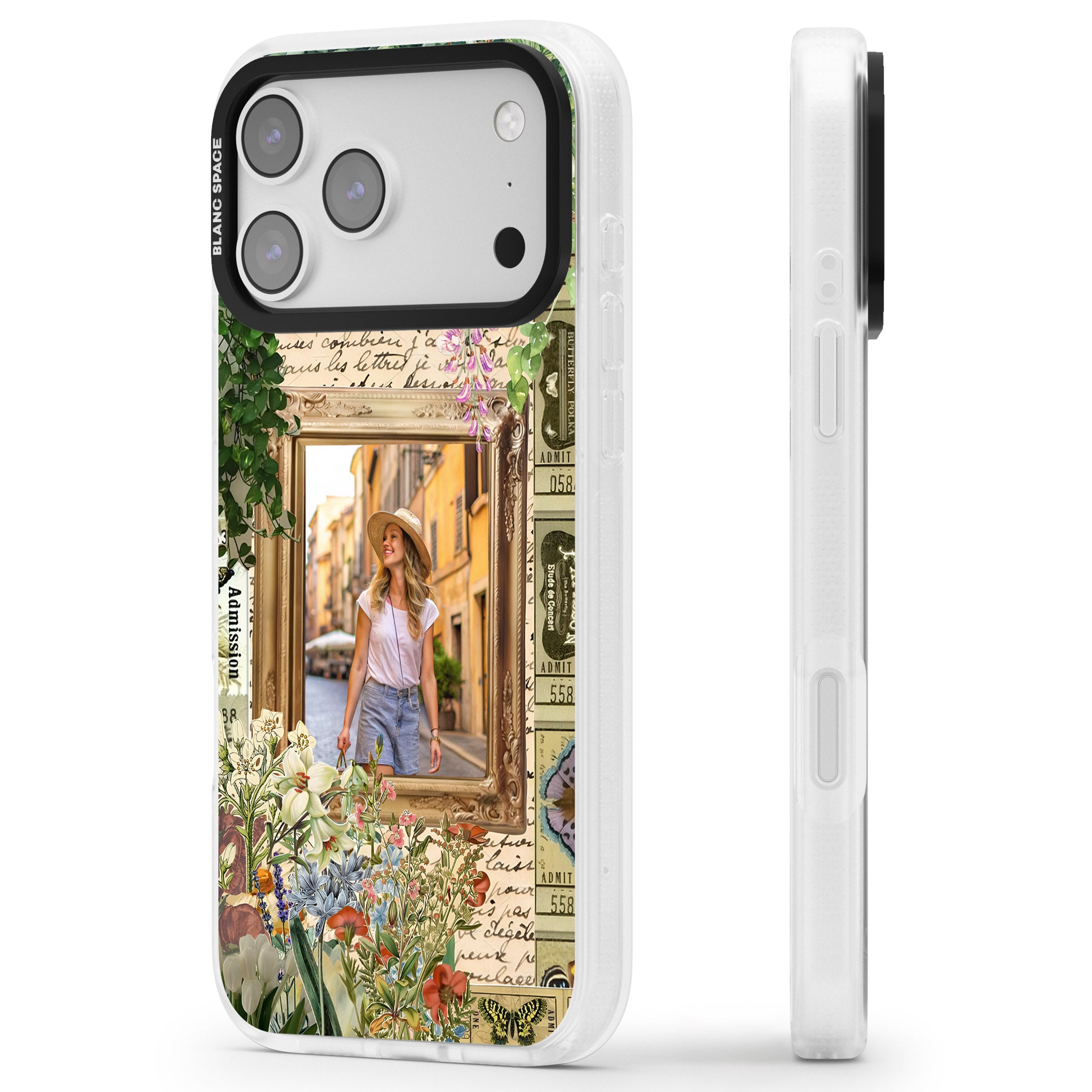Personalised Tuscan Floral Collage Frame iPhone 17 Pro Impact Air Clear Phone Case Side Profile