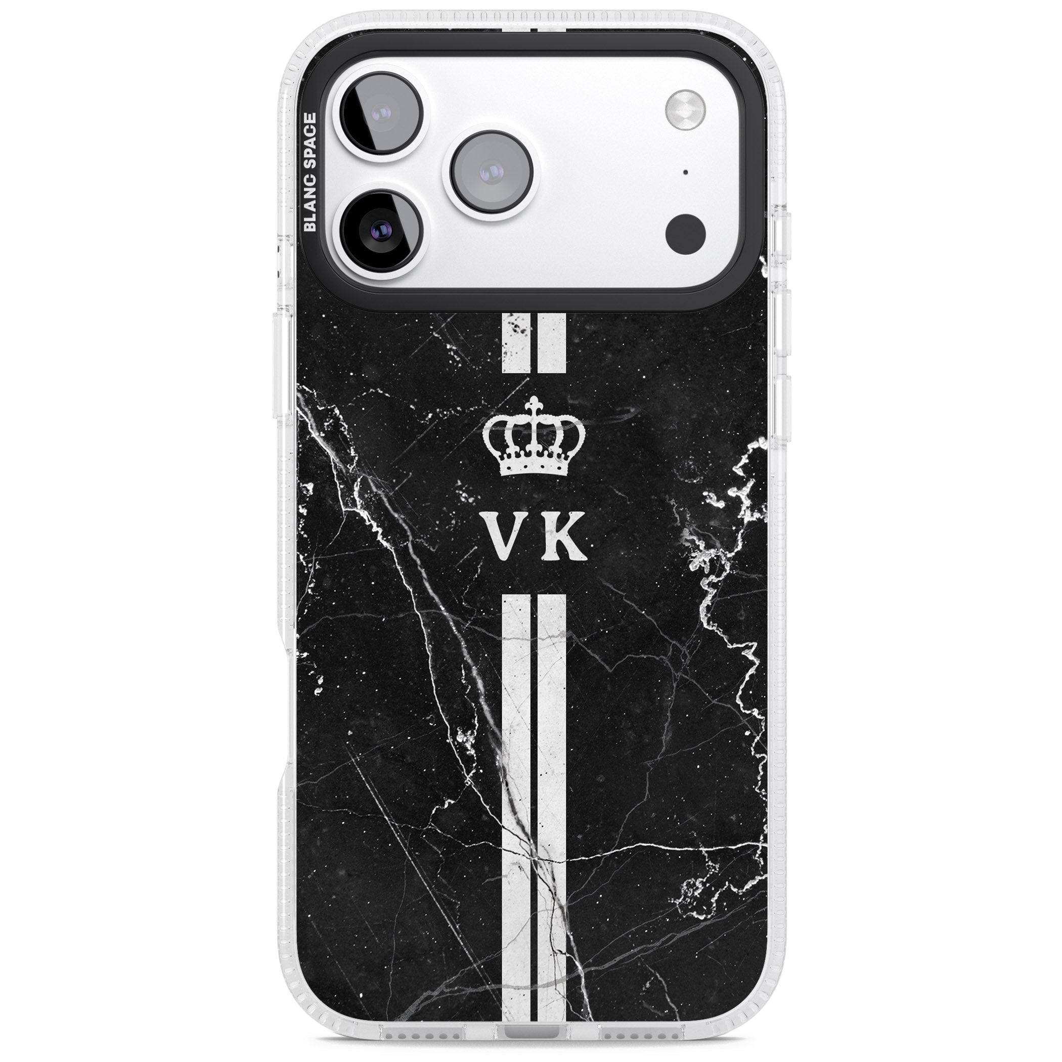 Personalised Black Marble Stripe Initials iPhone 17 Pro Max Impact Air Clear Phone Case