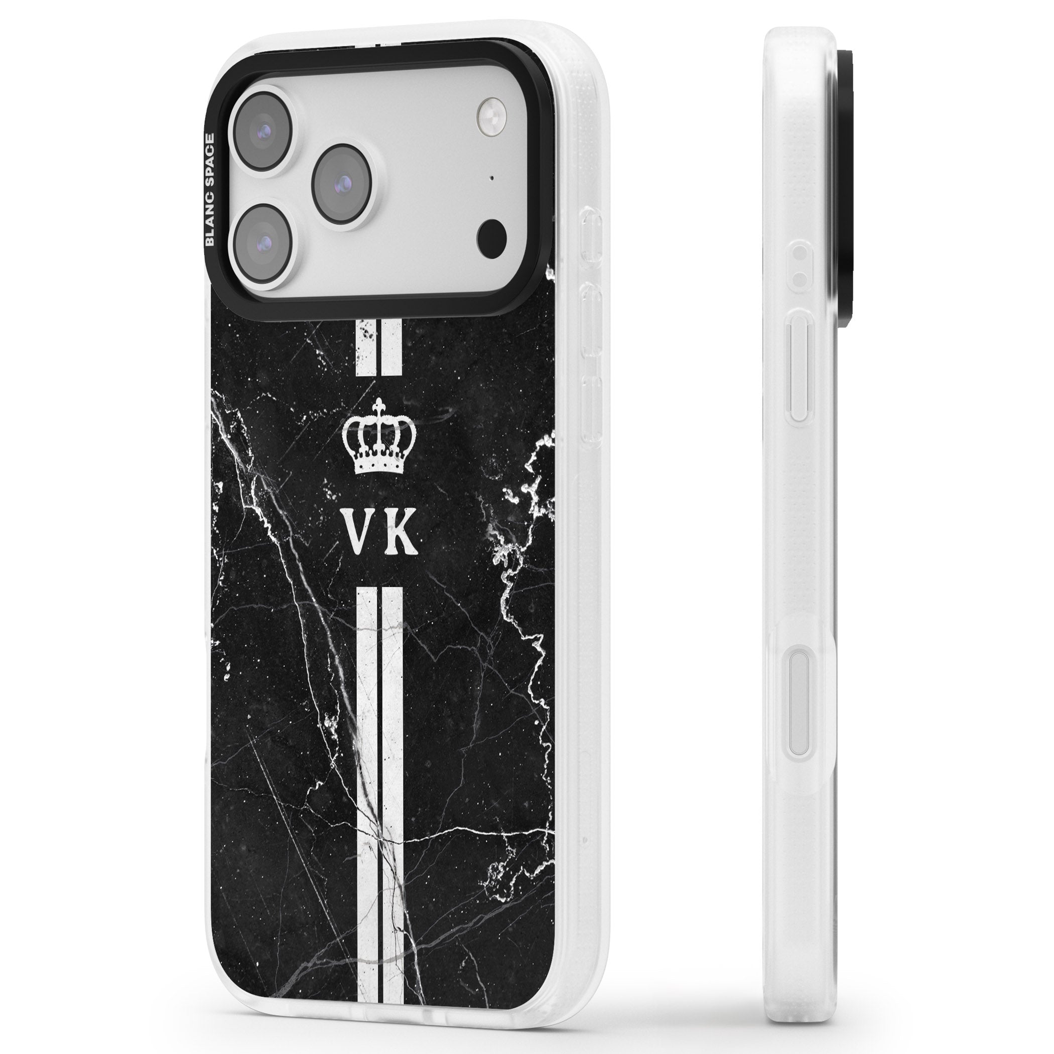 Personalised Black Marble Stripe Initials iPhone 17 Pro Max Impact Air Clear Phone Case Side Profile
