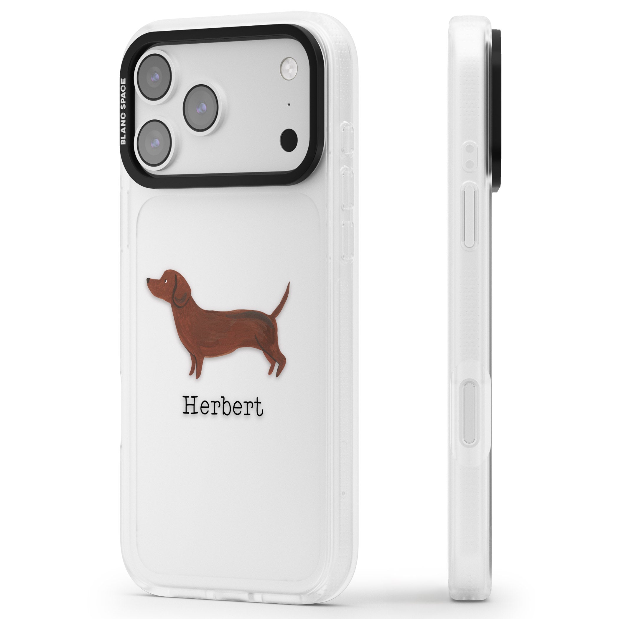 Personalised Sausage Dog iPhone 17 Pro Max Impact Air Clear Phone Case Side Profile