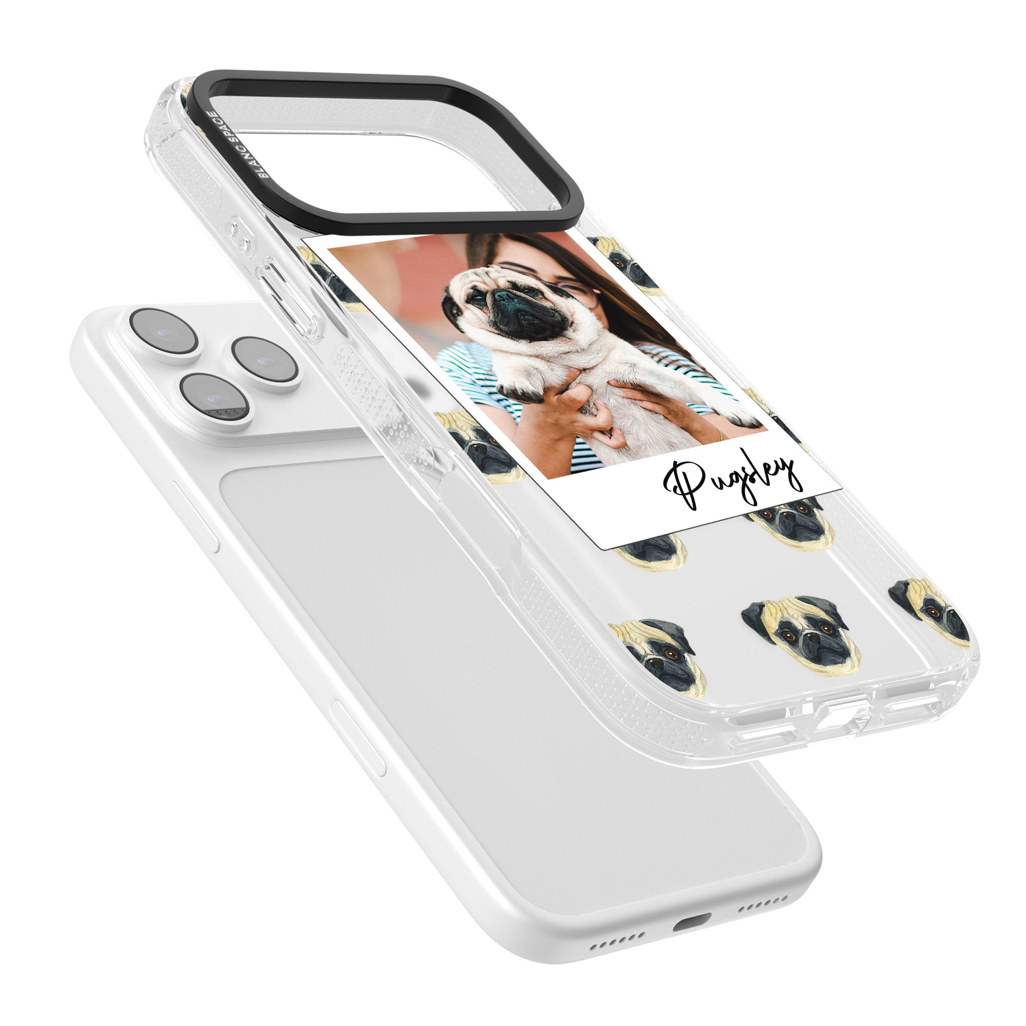 Personalised Pug Instant Camera Photo iPhone 17 Pro Max Impact Air Clear Phone Case Colours