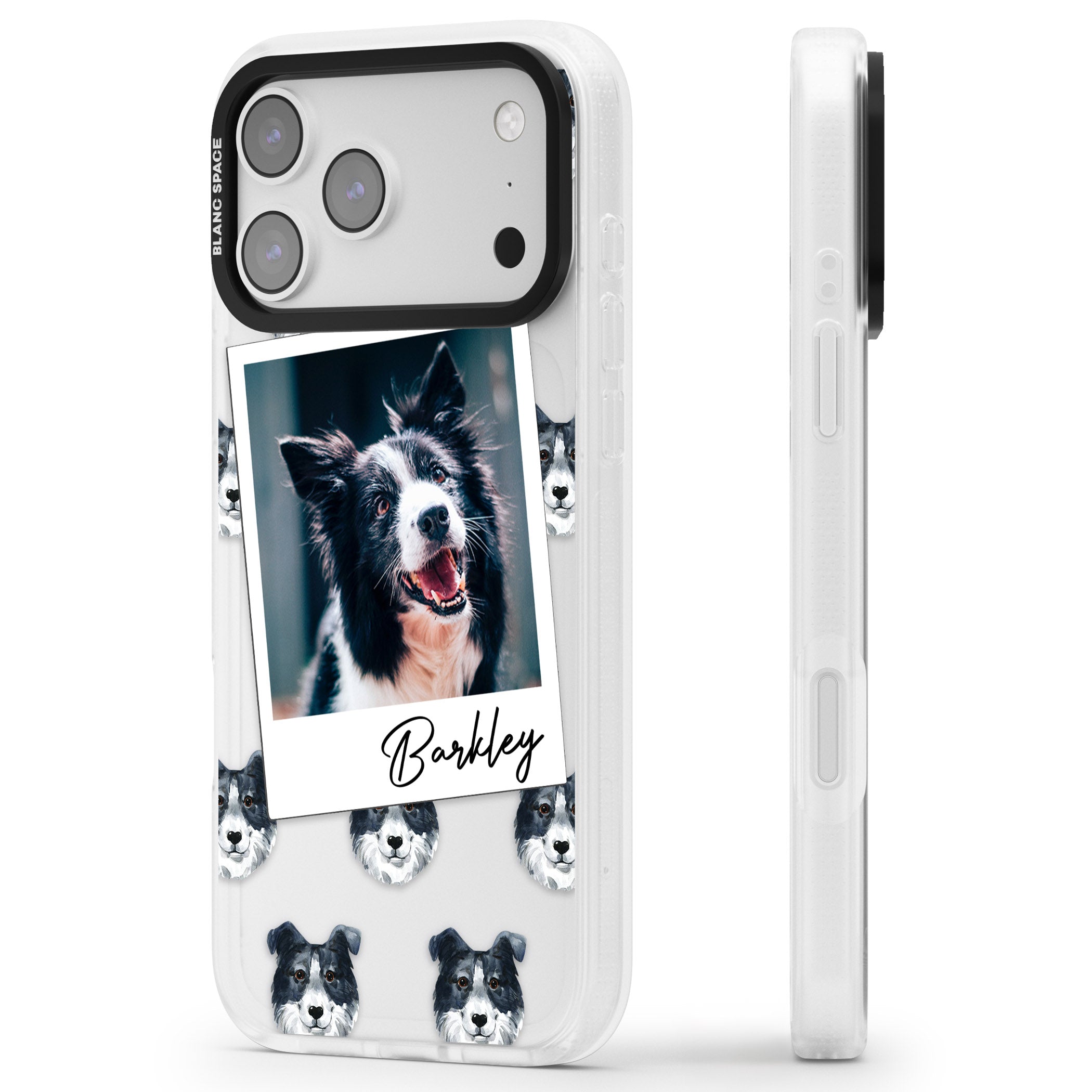 Personalised Border Collie Instant Camera Photo iPhone 17 Pro Max Impact Air Clear Phone Case Side Profile