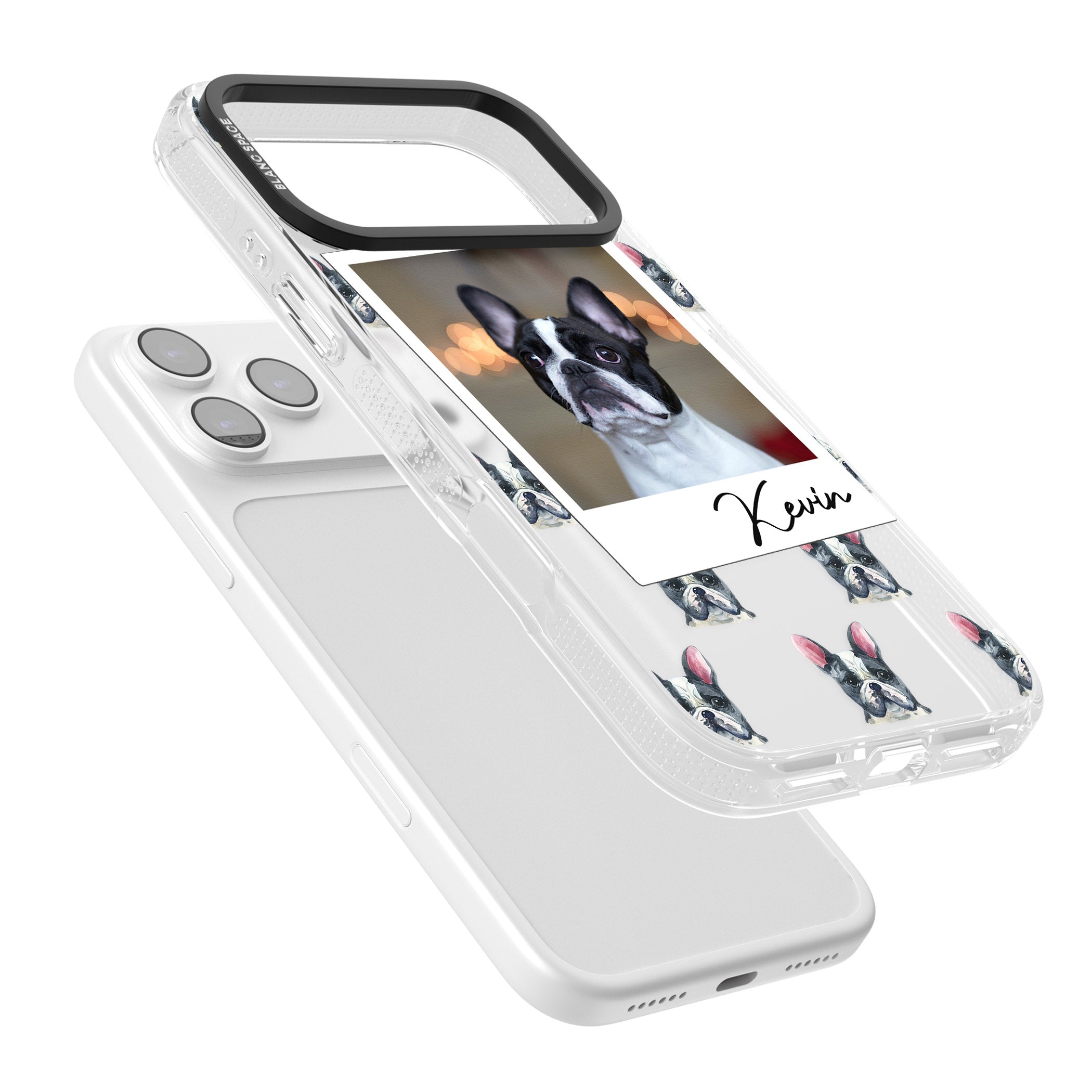 Personalised Black & White French Bulldog Instant Camera Photo iPhone 17 Pro Impact Air Clear Phone Case Colours