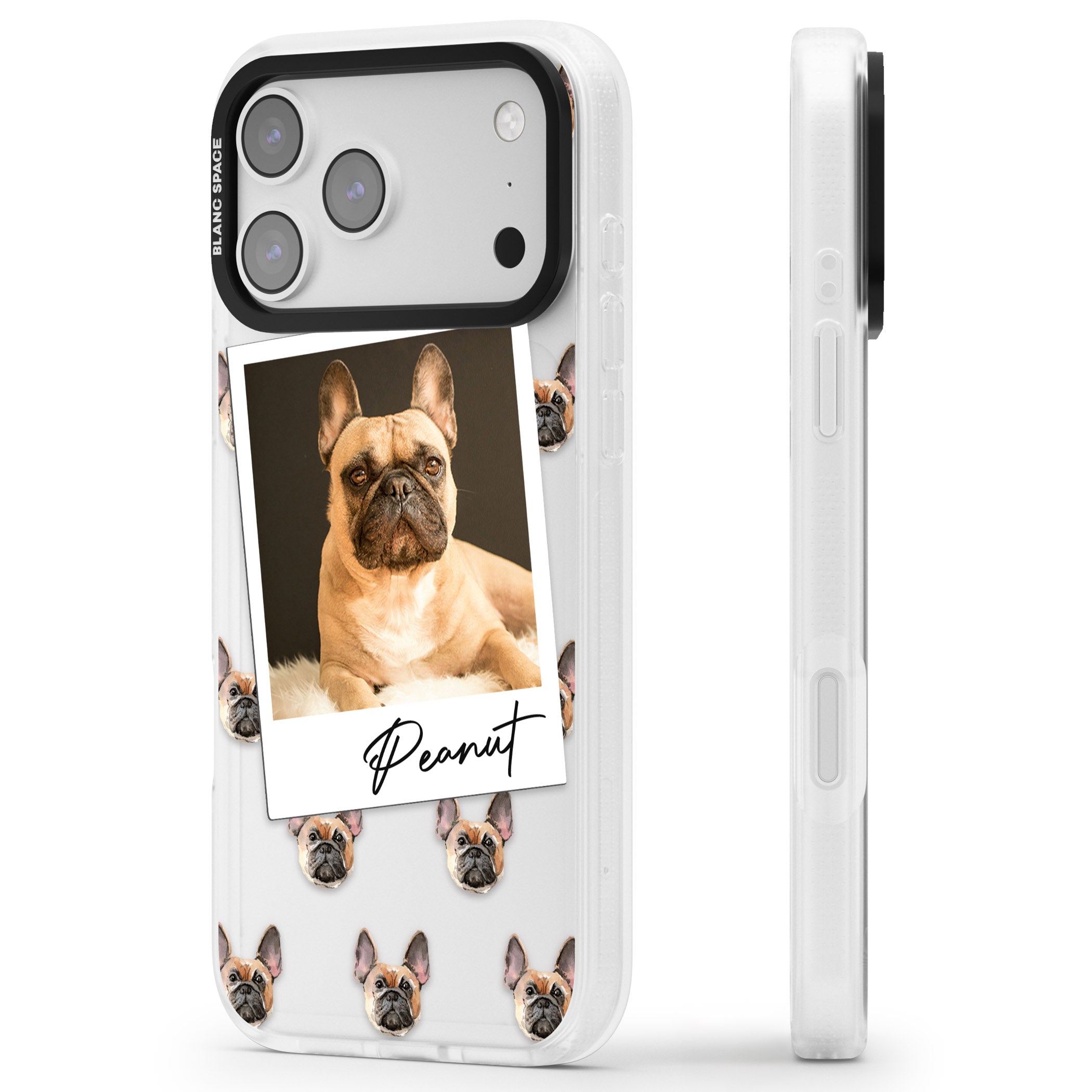Personalised Tan French Bulldog Instant Camera Photo iPhone 17 Pro Max Impact Air Clear Phone Case Side Profile