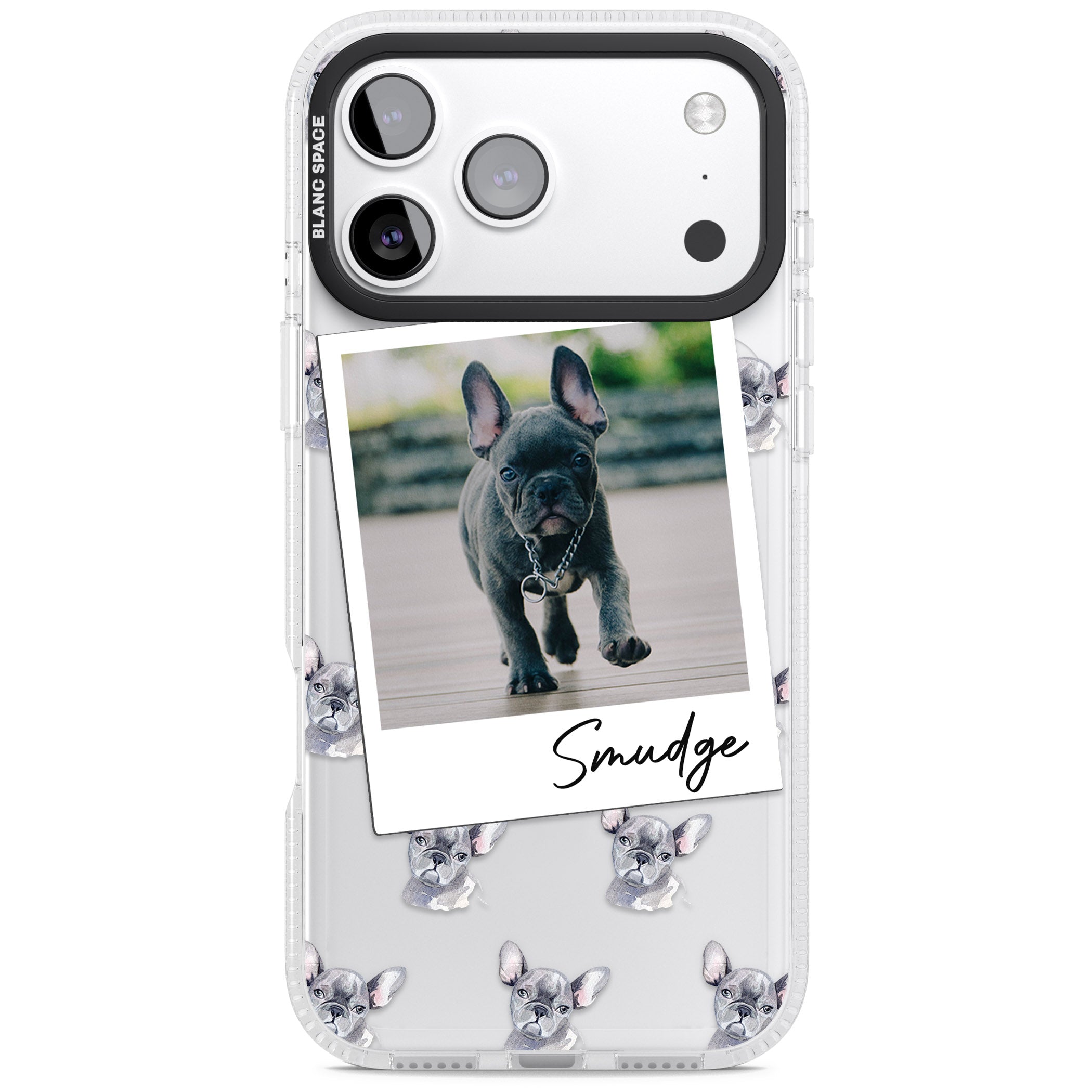 Personalised Grey French Bulldog Instant Camera Photo iPhone 17 Pro Impact Air Clear Phone Case