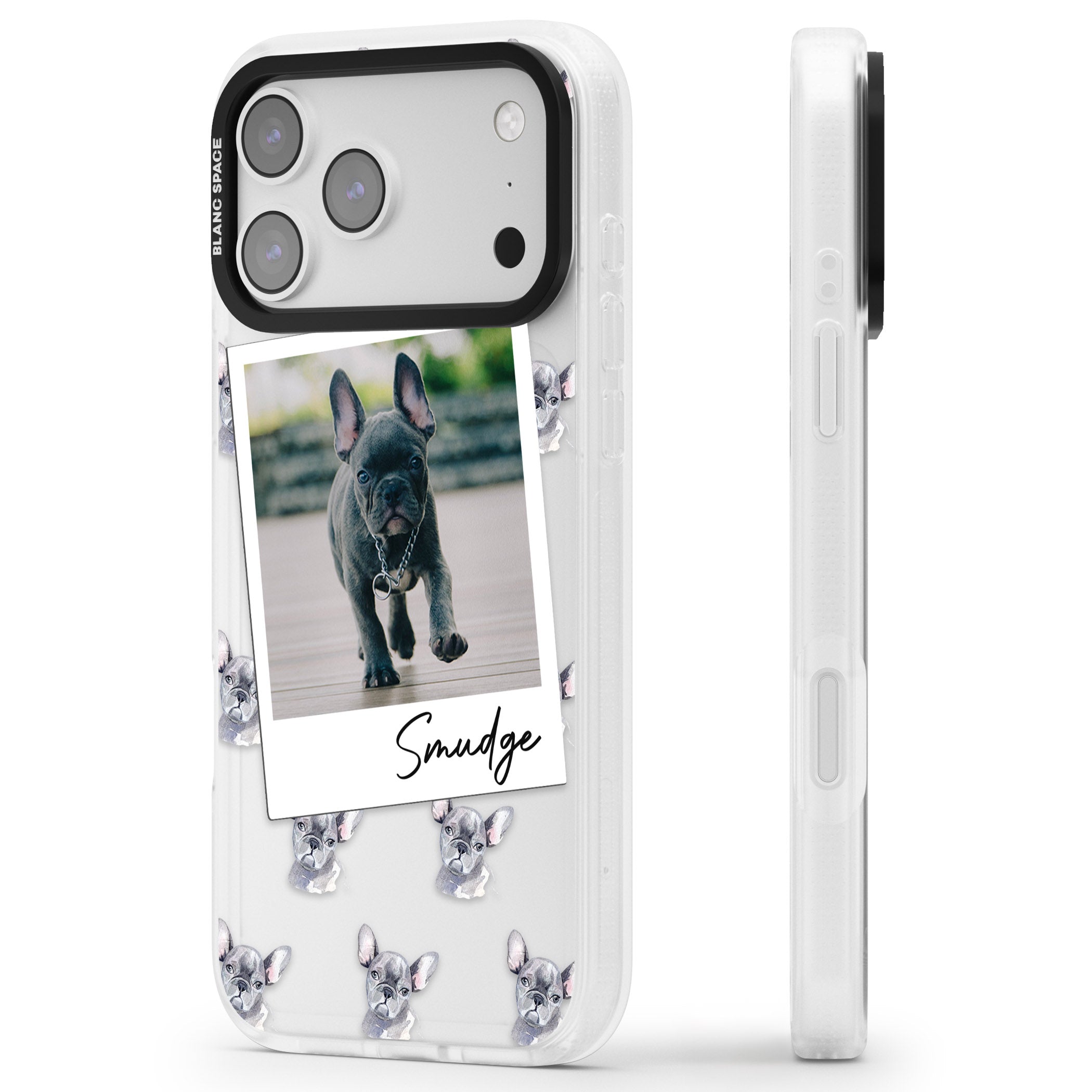 Personalised Grey French Bulldog Instant Camera Photo iPhone 17 Pro Max Impact Air Clear Phone Case Side Profile