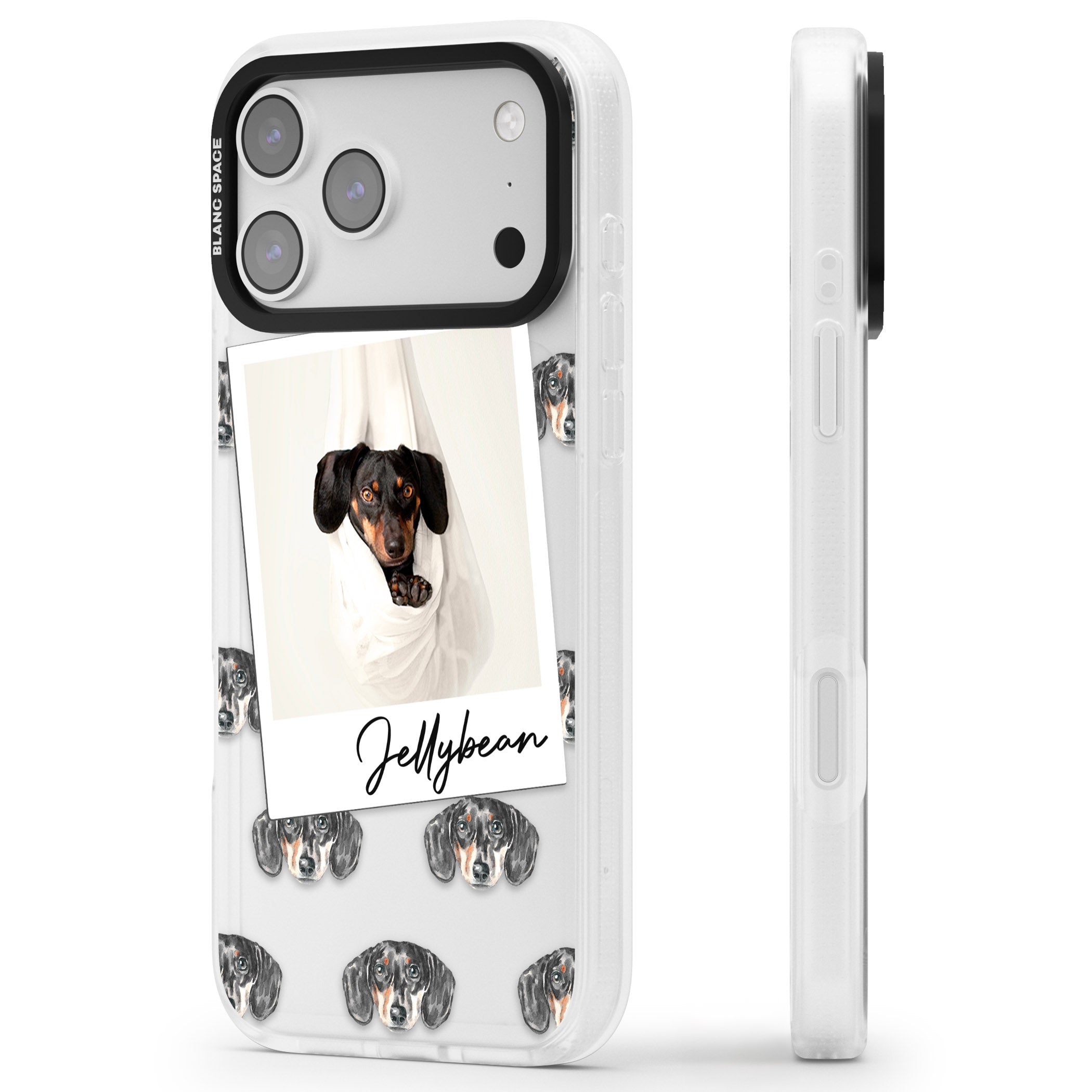 Personalised Black Dachshund Instant Camera Photo iPhone 17 Pro Max Impact Air Clear Phone Case Side Profile