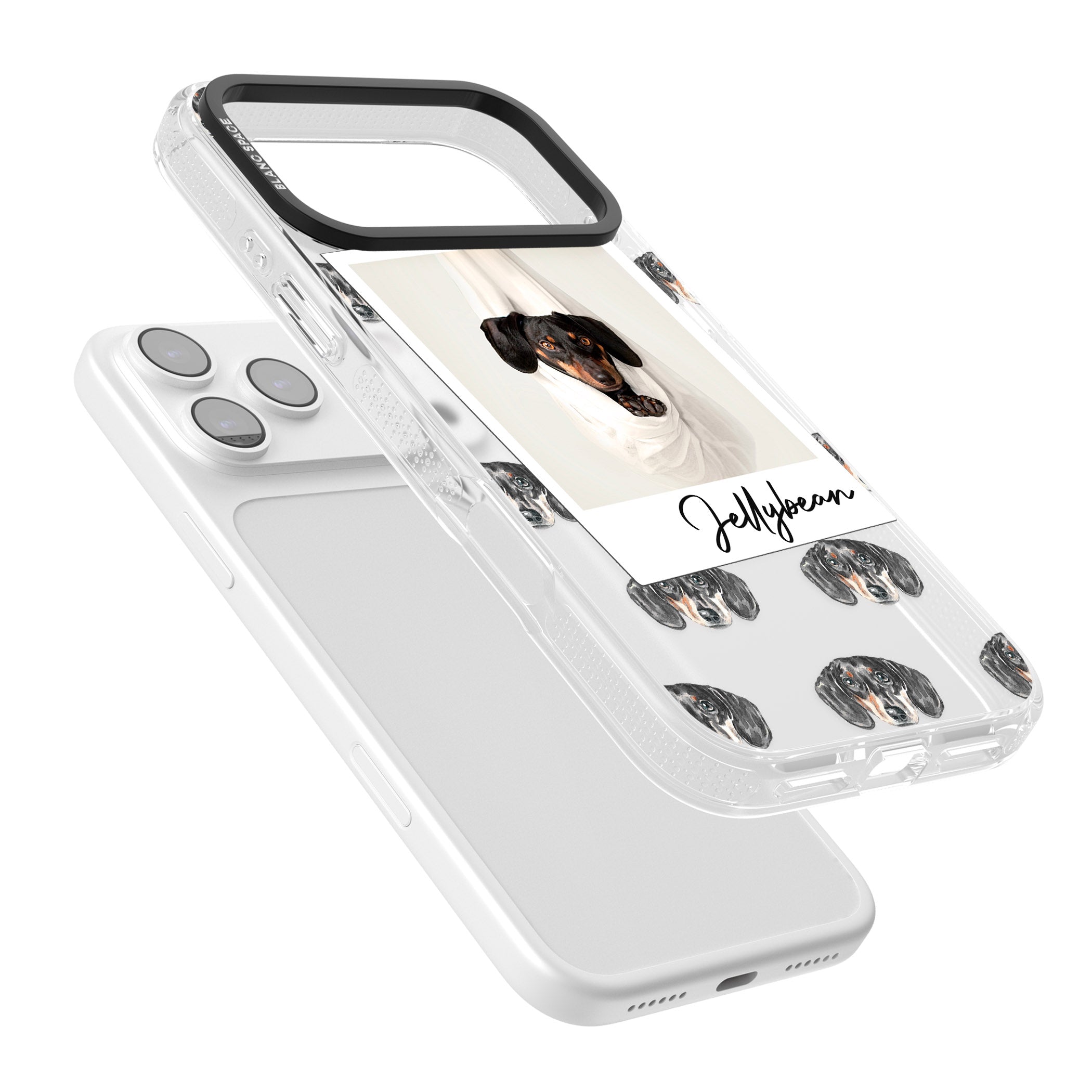 Personalised Black Dachshund Instant Camera Photo iPhone 17 Pro Impact Air Clear Phone Case Colours