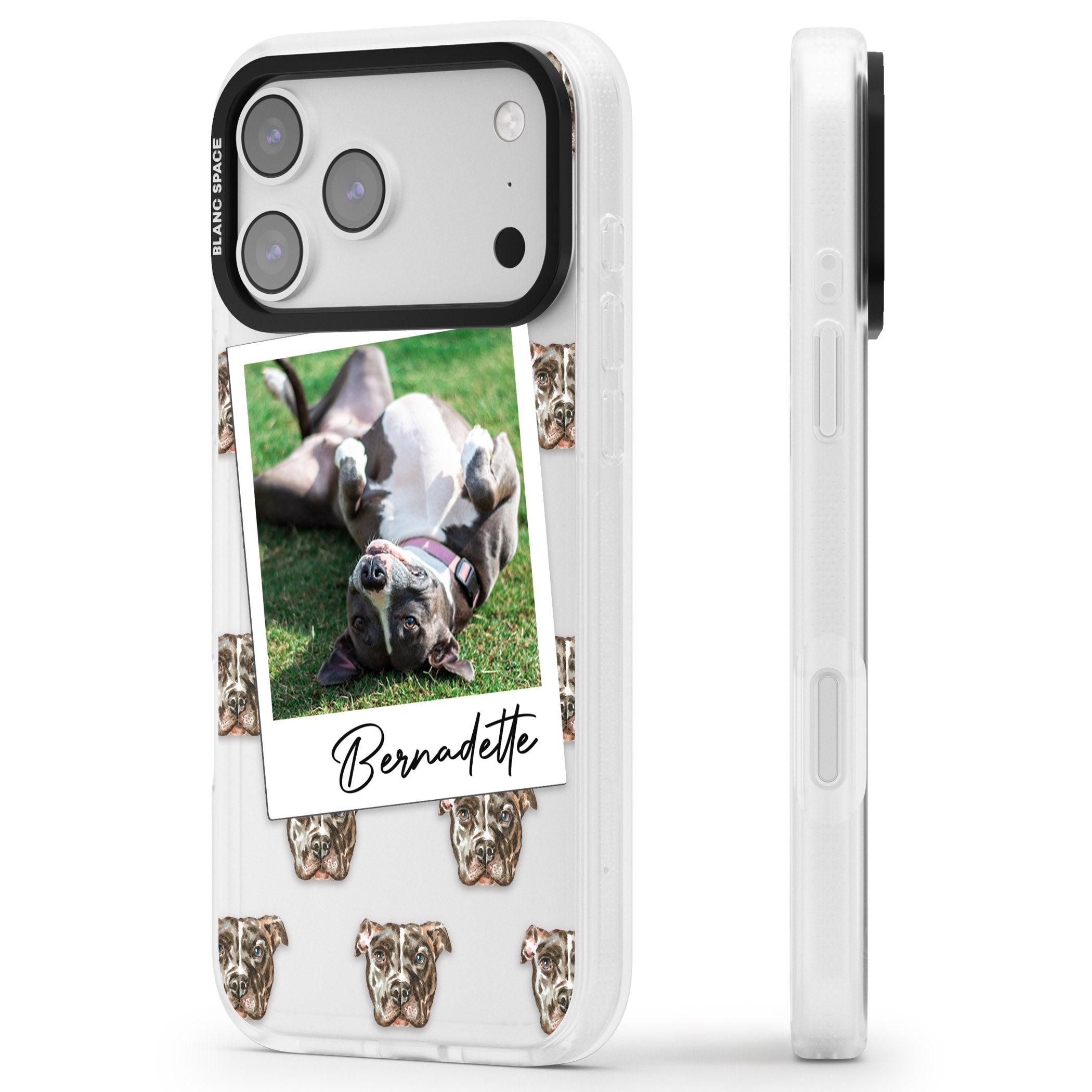 Personalised Staffordshire Bull Terrier Instant Camera Photo iPhone 17 Pro Max Impact Air Clear Phone Case Side Profile