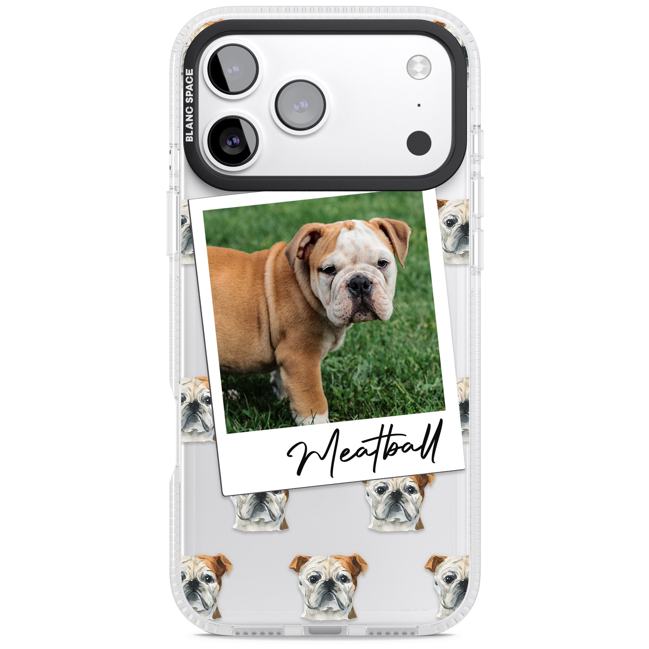 Personalised English Bulldog Instant Camera Photo iPhone 17 Pro Impact Air Clear Phone Case