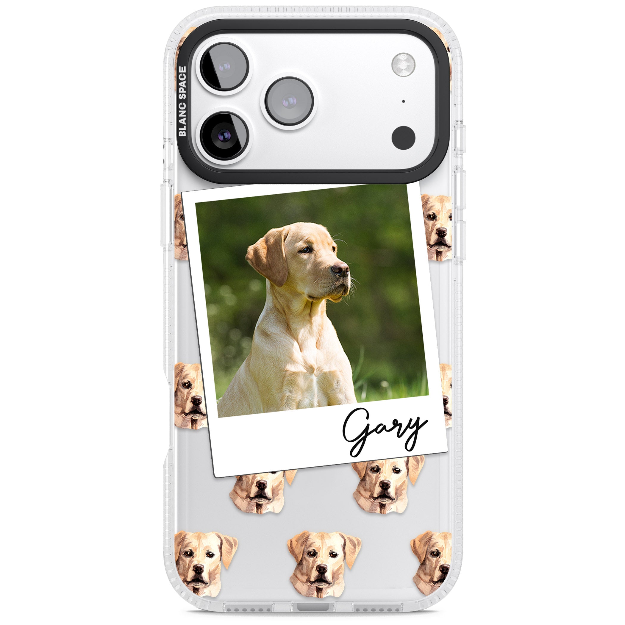 Personalised Tan Black Labrador Instant Camera Photo iPhone 17 Pro Impact Air Clear Phone Case