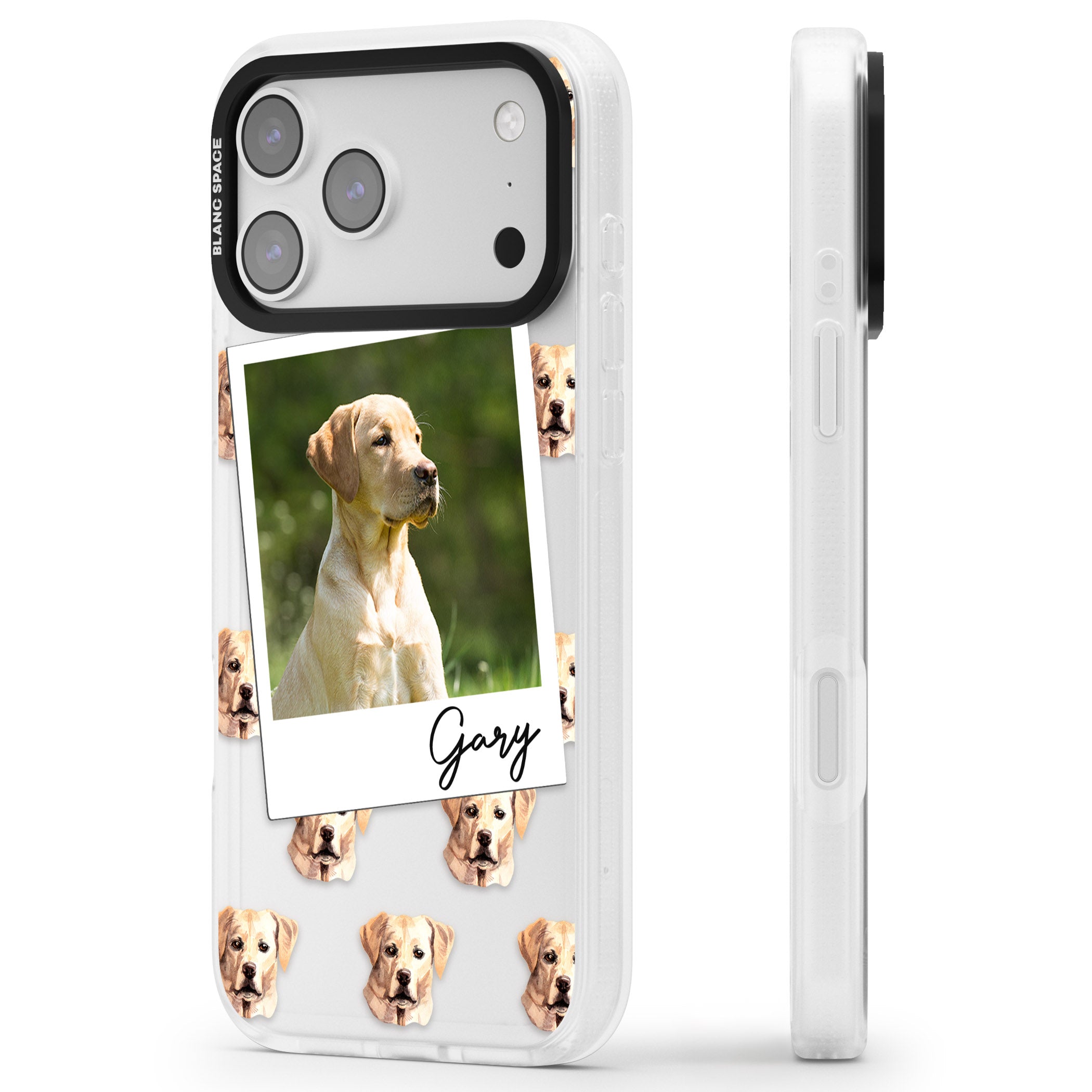 Personalised Tan Black Labrador Instant Camera Photo iPhone 17 Pro Impact Air Clear Phone Case Side Profile