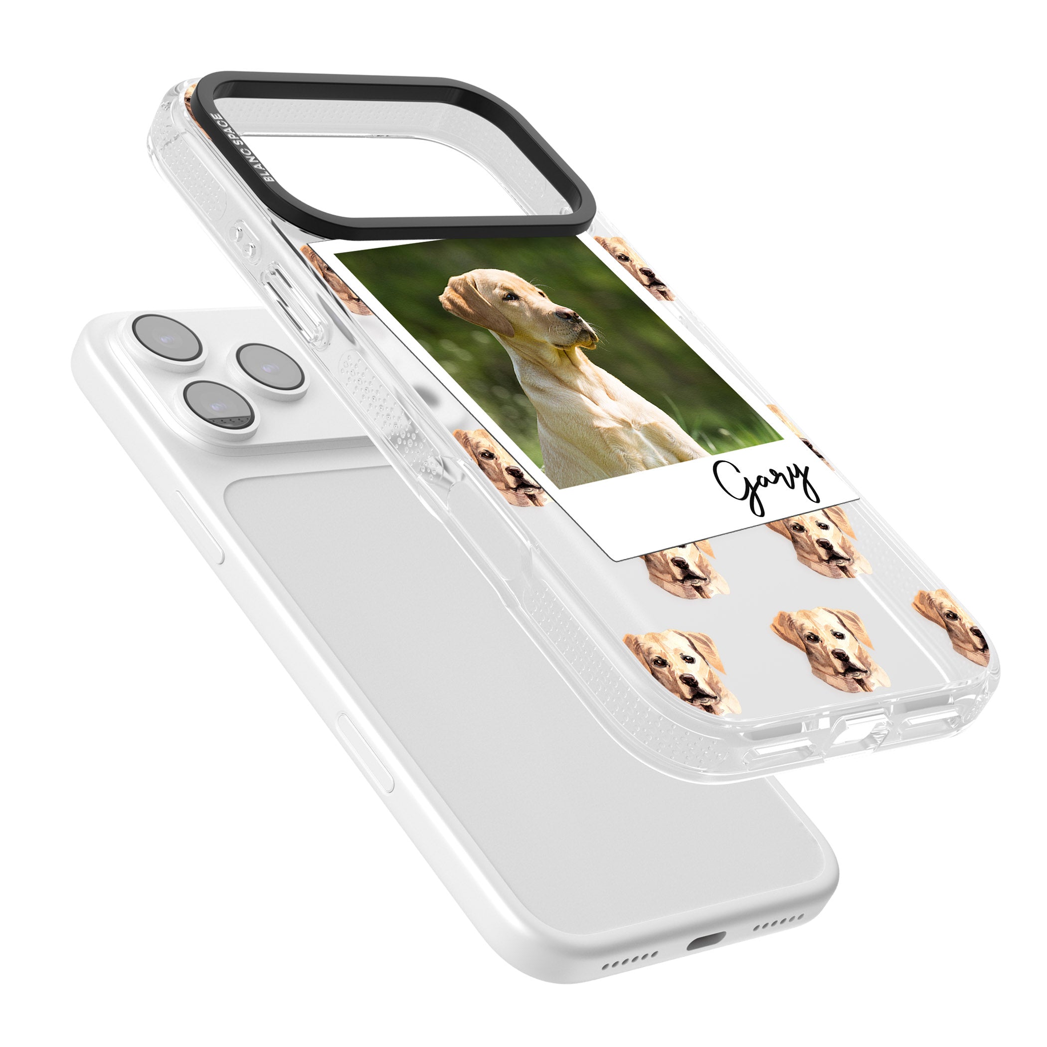 Personalised Tan Black Labrador Instant Camera Photo iPhone 17 Pro Impact Air Clear Phone Case Colours