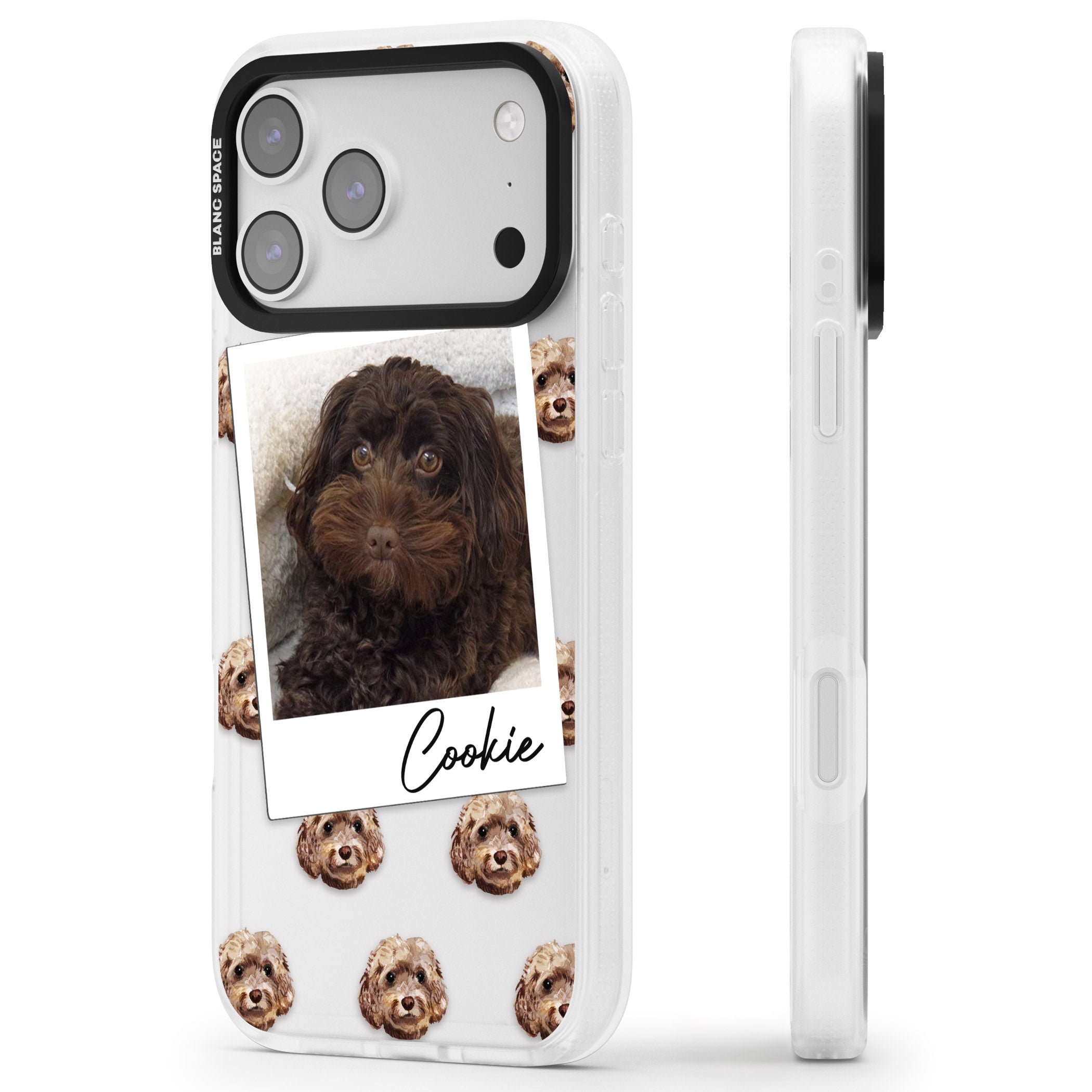 Personalised Brown Cockapoo Instant Camera Photo iPhone 17 Pro Impact Air Clear Phone Case Side Profile