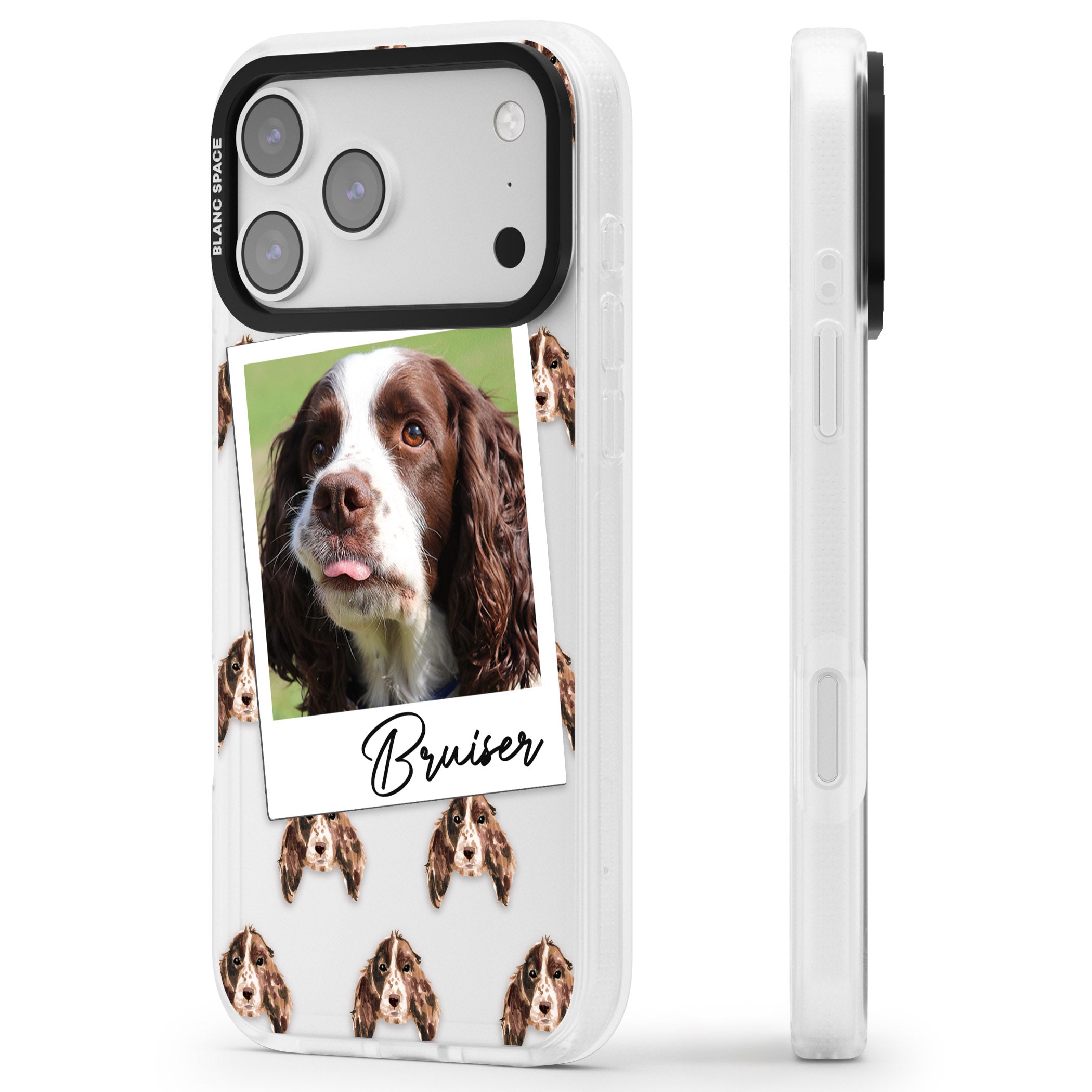 Personalised Springer Spaniel Instant Camera Photo iPhone 17 Pro Impact Air Clear Phone Case Side Profile