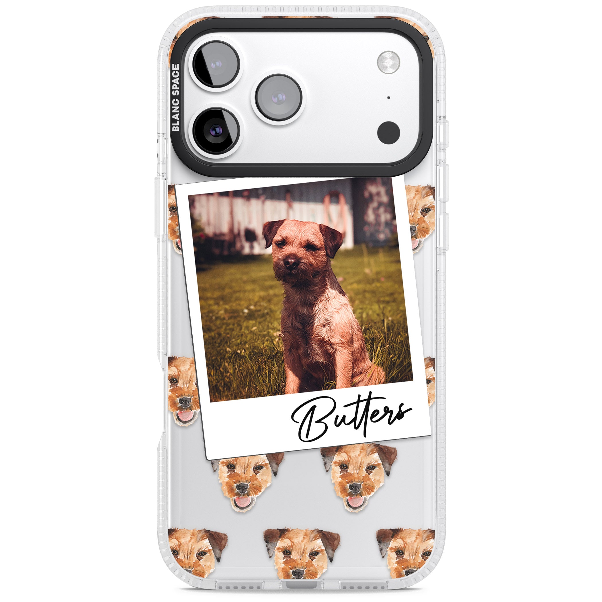 Personalised Border Terrier Instant Camera Photo iPhone 17 Pro Max Impact Air Clear Phone Case