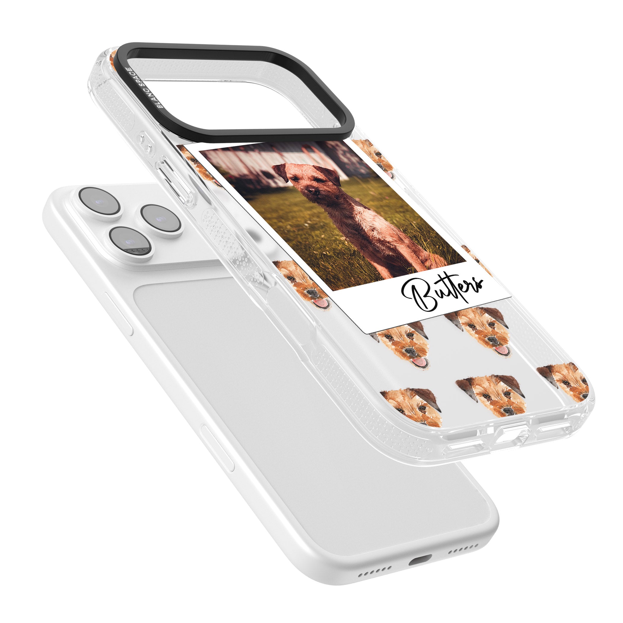 Personalised Border Terrier Instant Camera Photo iPhone 17 Pro Max Impact Air Clear Phone Case Colours