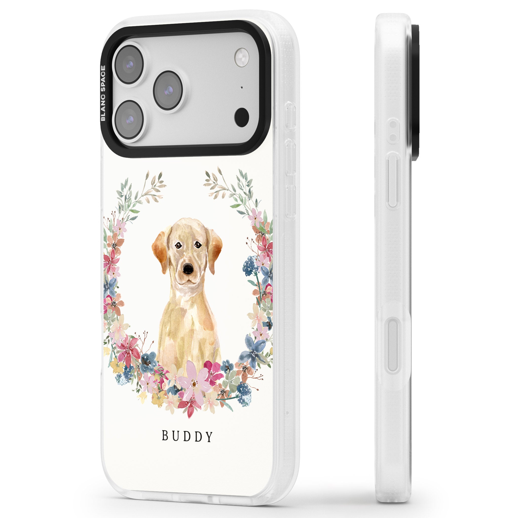 Personalised Yellow Labrador Retriever Floral Portrait iPhone 17 Pro Max Impact Air Clear Phone Case Side Profile