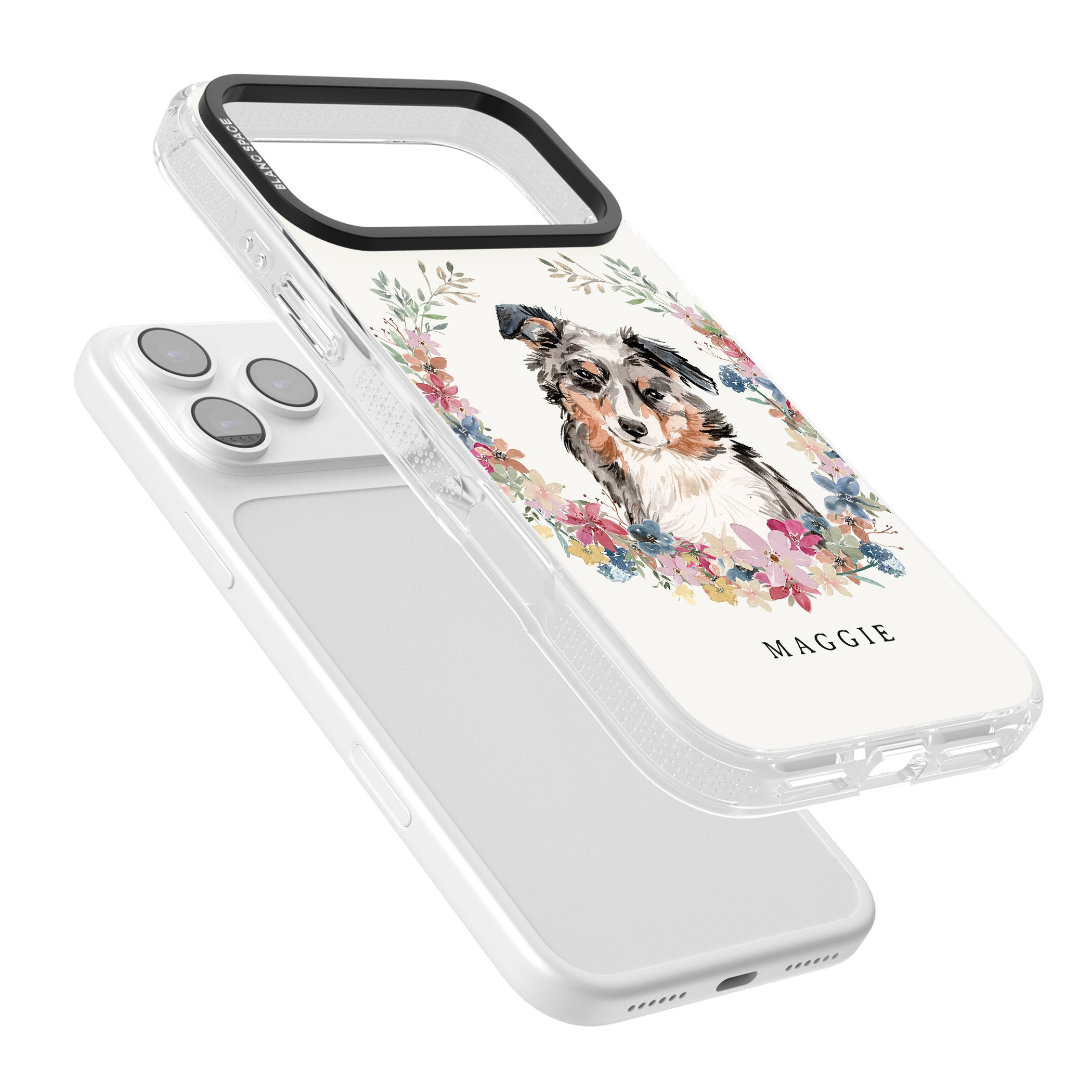 Personalised Australian Shepherd Floral Portrait iPhone 17 Pro Impact Air Clear Phone Case Colours