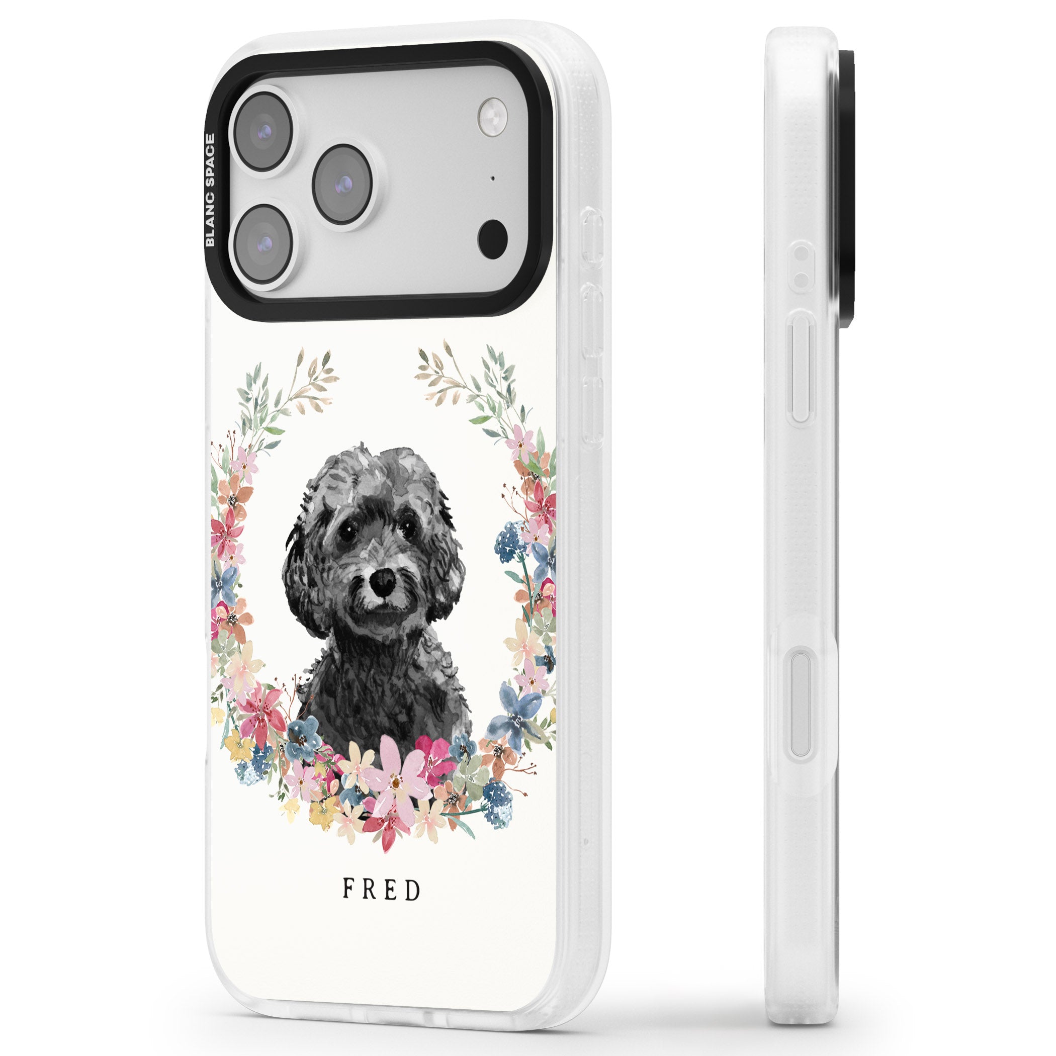 Personalised Black Cockapoo Floral Portrait iPhone 17 Pro Impact Air Clear Phone Case Side Profile