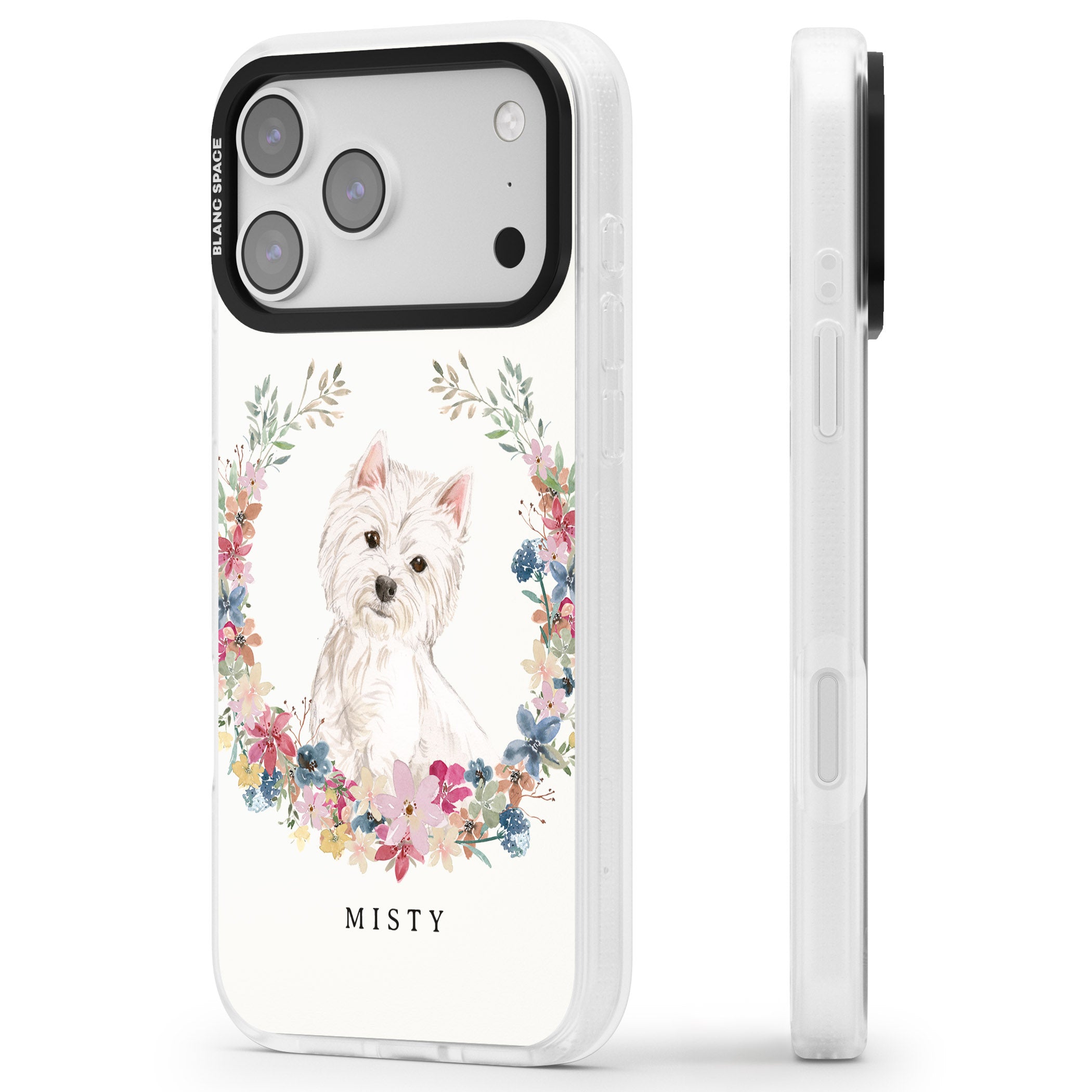 Personalised Westie Floral Portrait iPhone 17 Pro Max Impact Air Clear Phone Case Side Profile