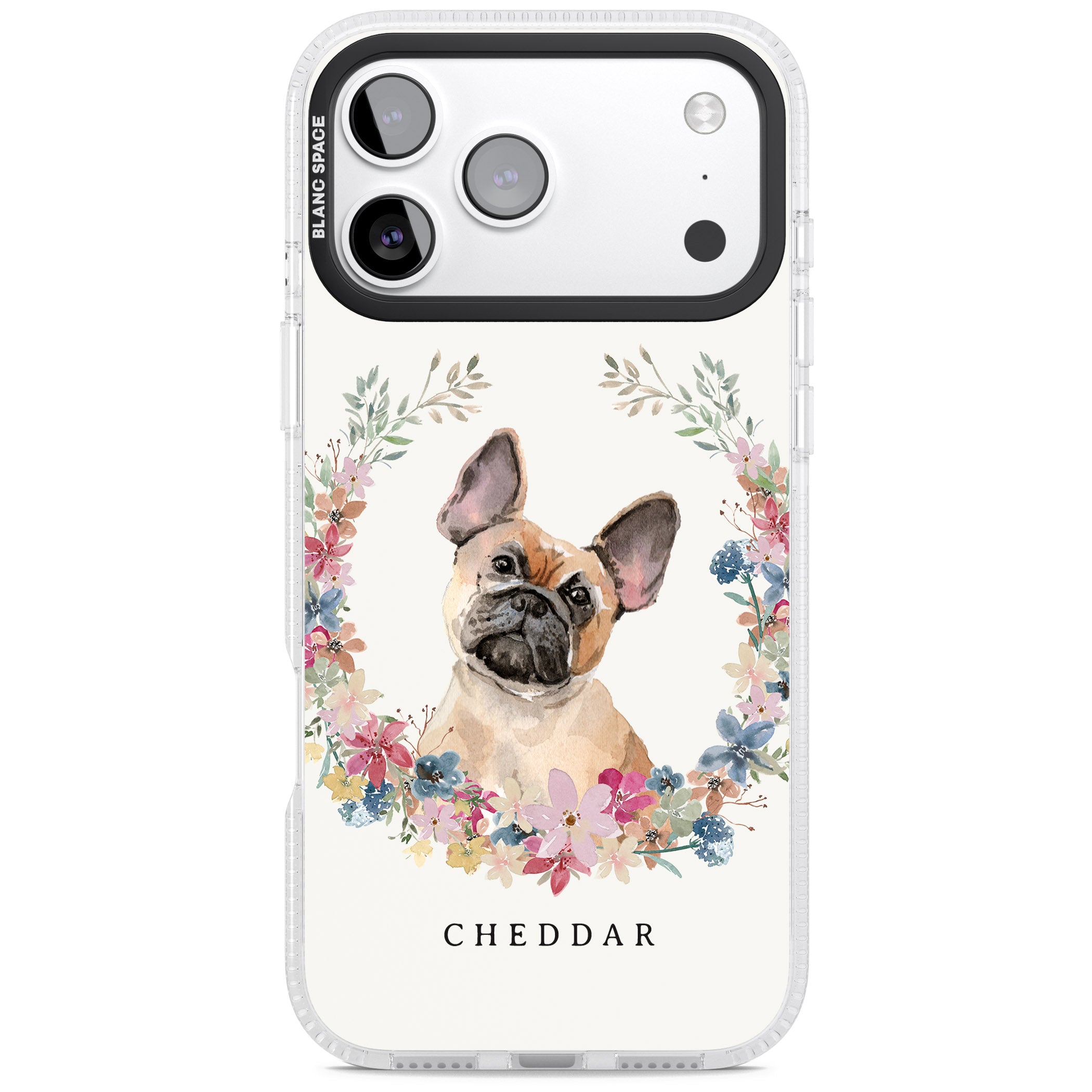 Personalised Tan French Bulldog Floral Portrait iPhone 17 Pro Max Impact Air Clear Phone Case