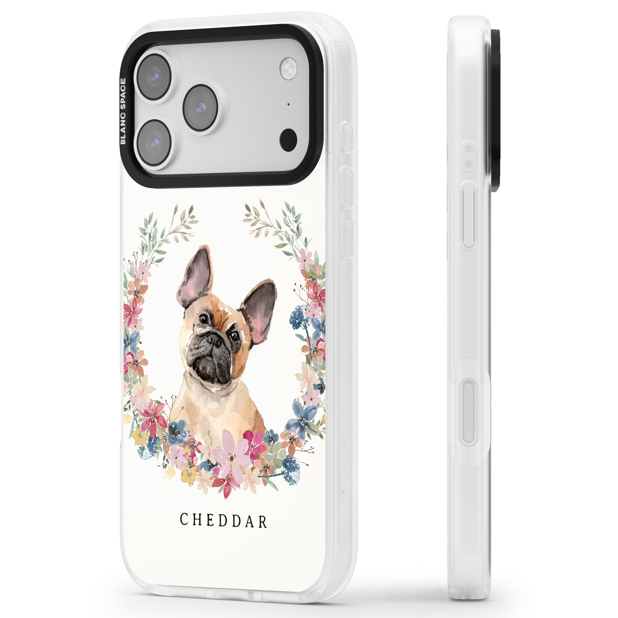 Personalised Tan French Bulldog Floral Portrait iPhone 17 Pro Max Impact Air Clear Phone Case Side Profile