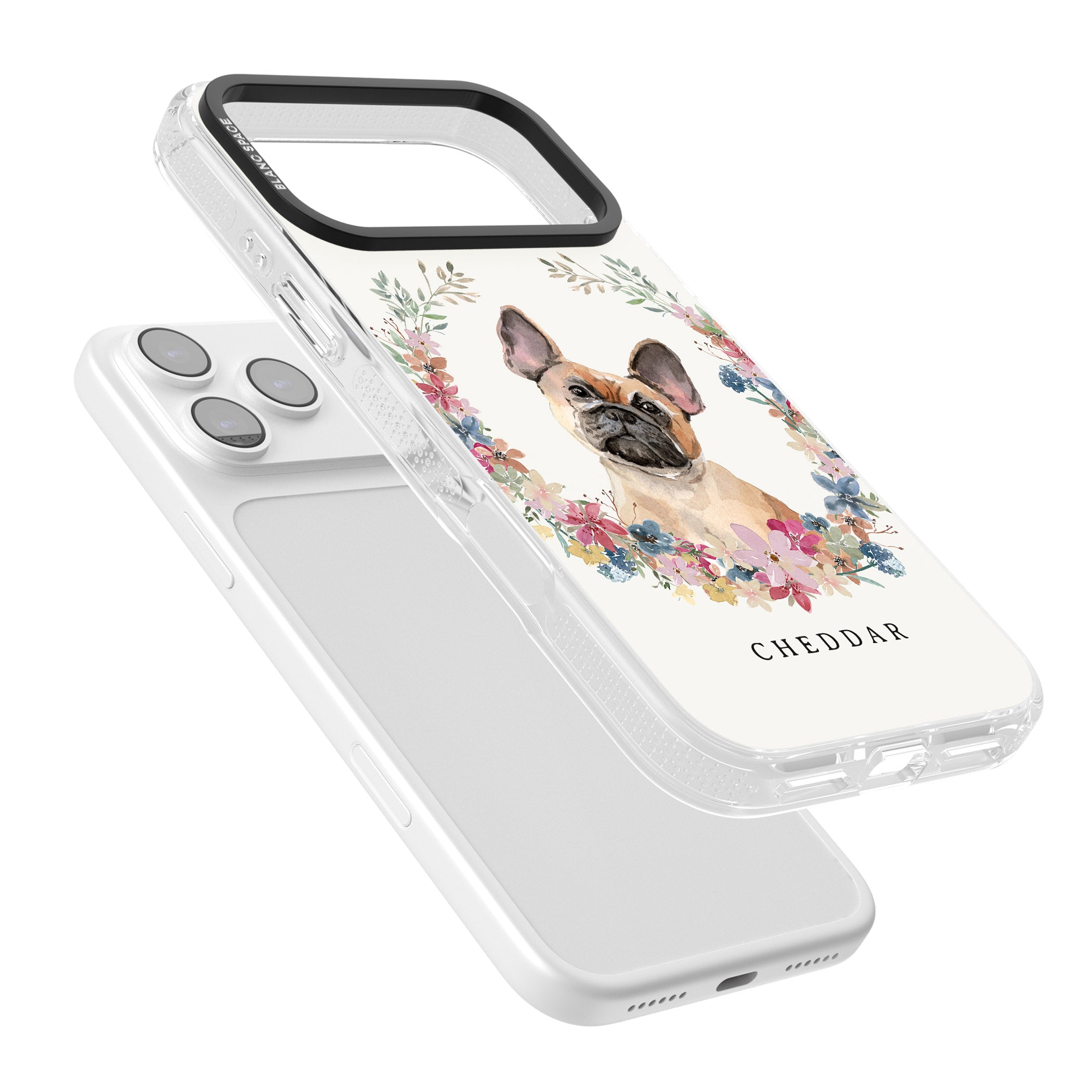Personalised Tan French Bulldog Floral Portrait iPhone 17 Pro Max Impact Air Clear Phone Case Colours