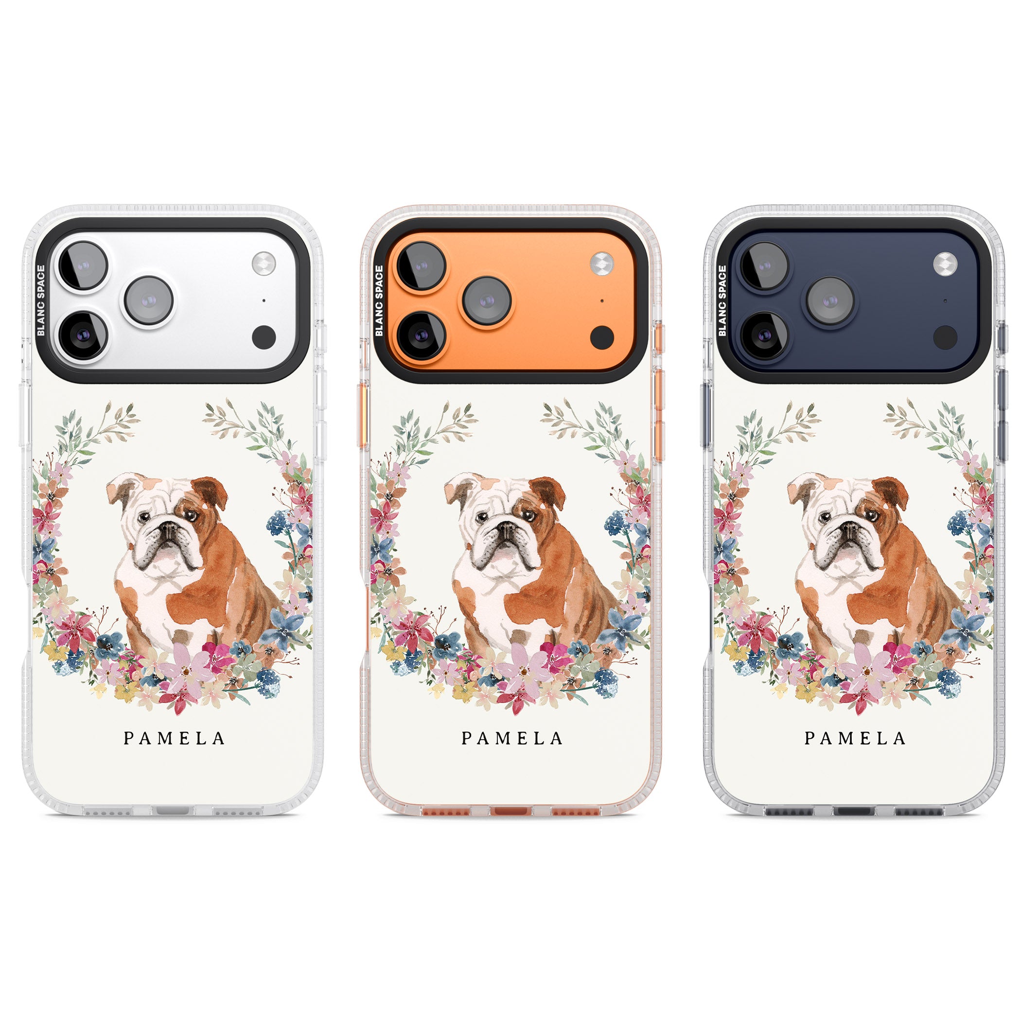 Personalised English Bulldog Floral Portrait iPhone 17 Pro Impact Air Clear Phone Case APT Impact Protection