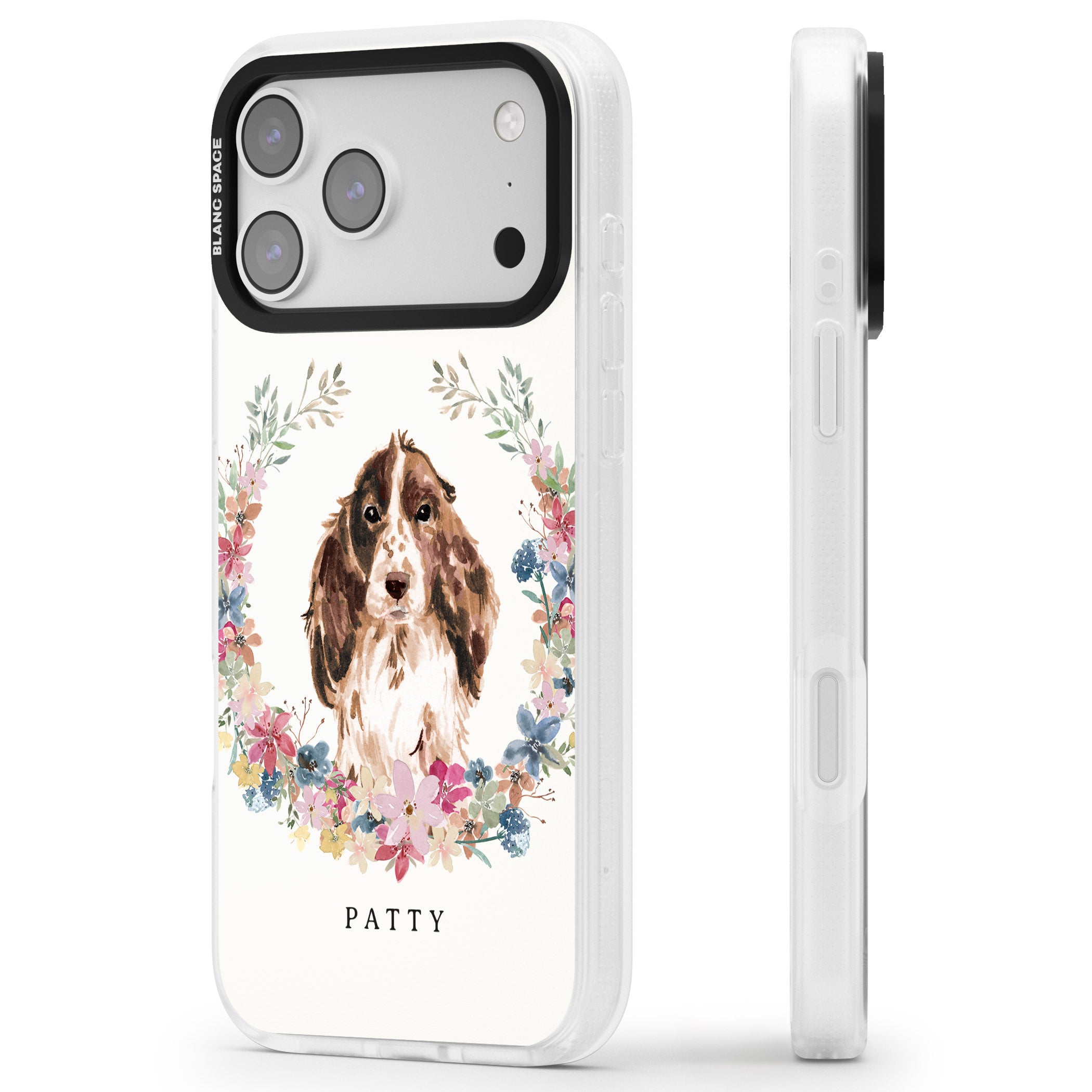 Personalised Cocker Spaniel Floral Portrait iPhone 17 Pro Max Impact Air Clear Phone Case Side Profile